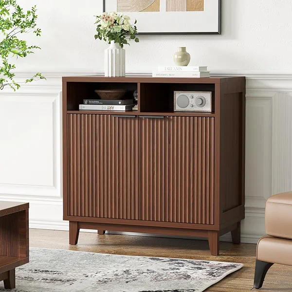 FiveWillowise Buffet Cabinet with Storage - Elegant Fluted Storage Cabinet with Adjustable Shelves and Solid Wood Leg, Modern Buffet Sideboard for Living Room, Dining Room, Entryway