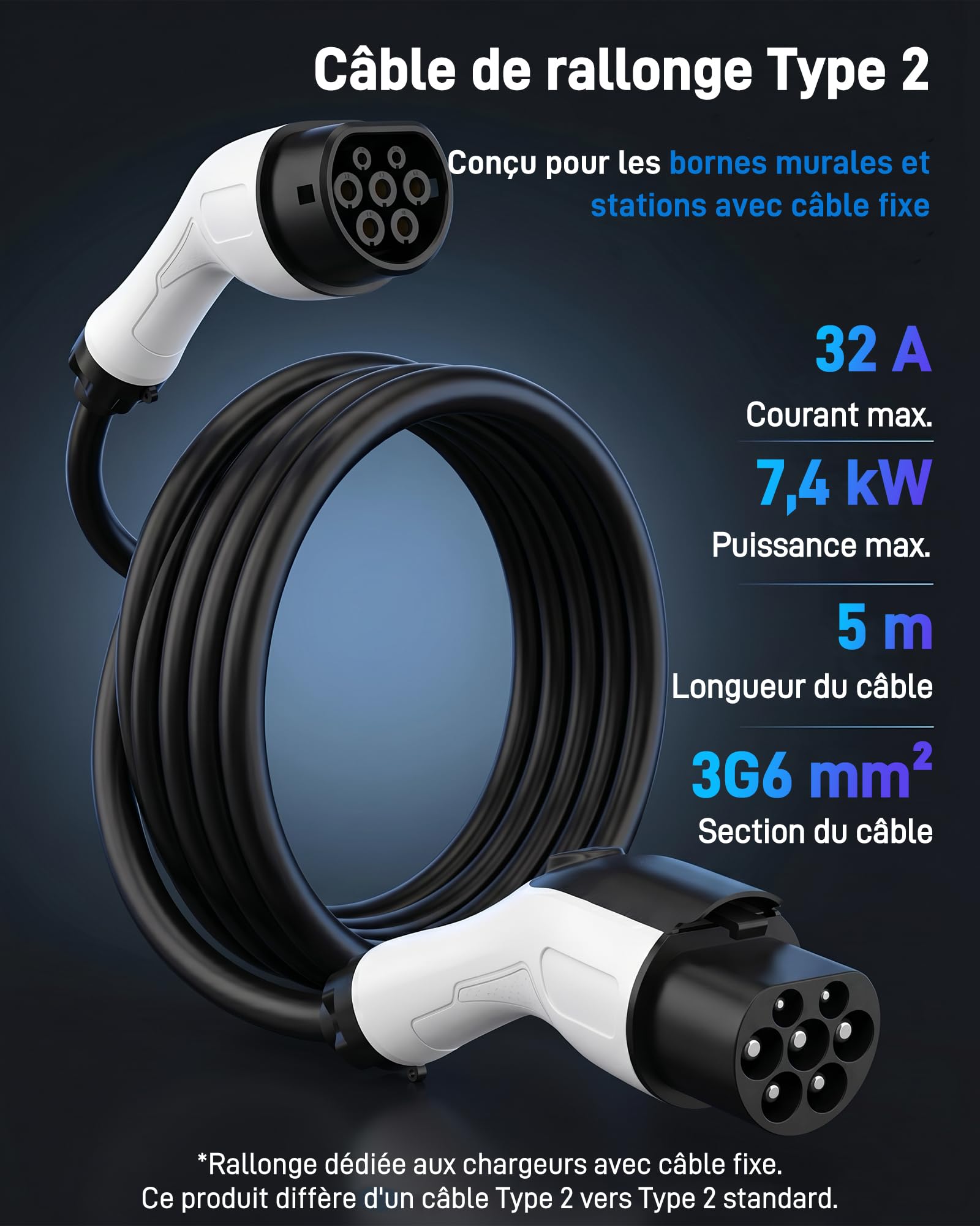 Câble de Rallonge Type 2 (32 A, 7,4 KW, 5 m, Monophasé) - Câble d'Extension Compatible avec Les Chargeurs, Wallboxes et Bornes de Recharge pour Véhicules Électriques (VE) et Hybrides (PHEV)