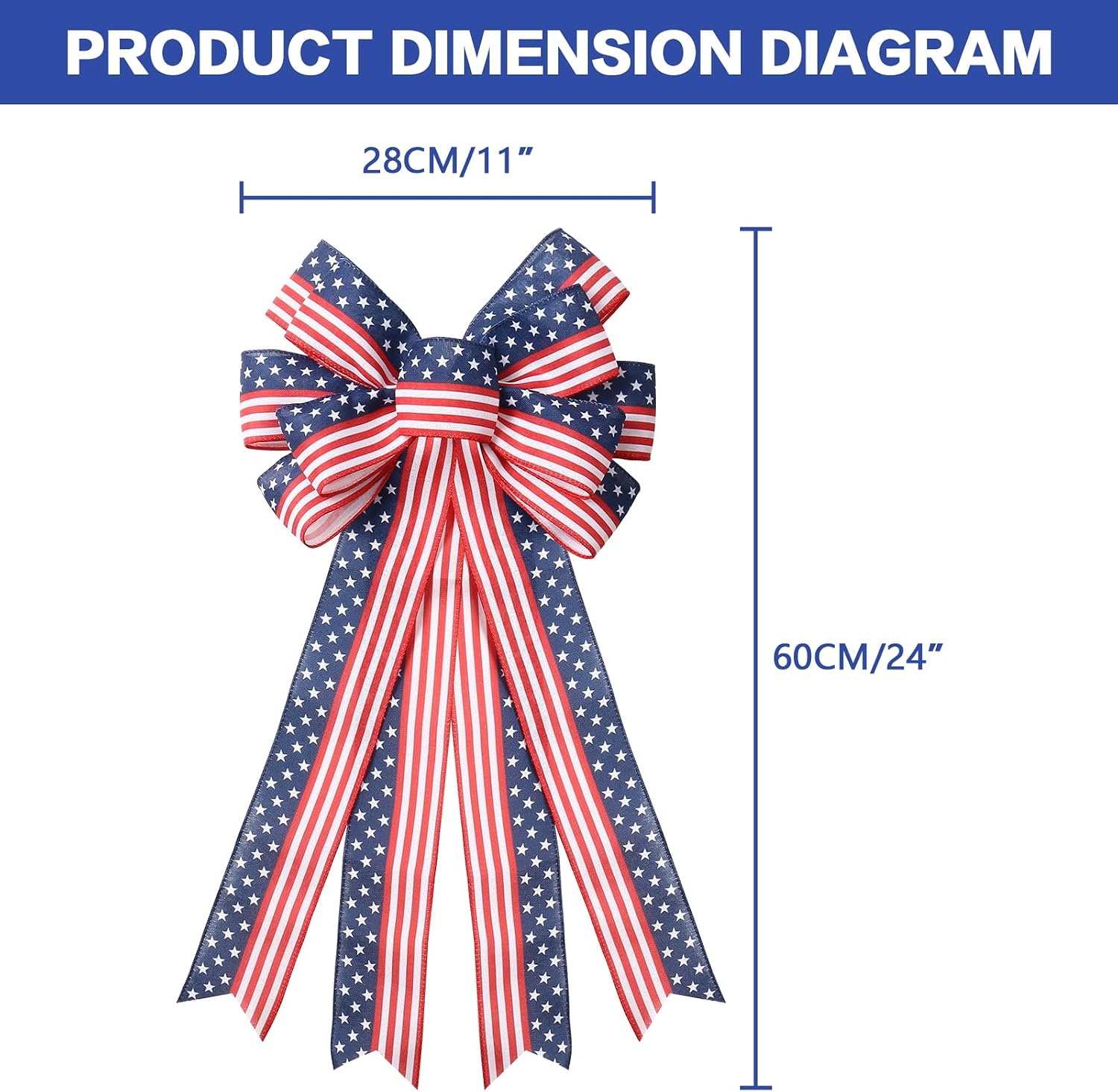 SY Super Bang 2PCS 4th of July Decorations, Red White Blue Wreath Decor for Front Door, Stripe Stars Tree Topper Patriotic Bows, for Independence Day, Memorial Day, Indoor/Outdoor Home Holiday Party.