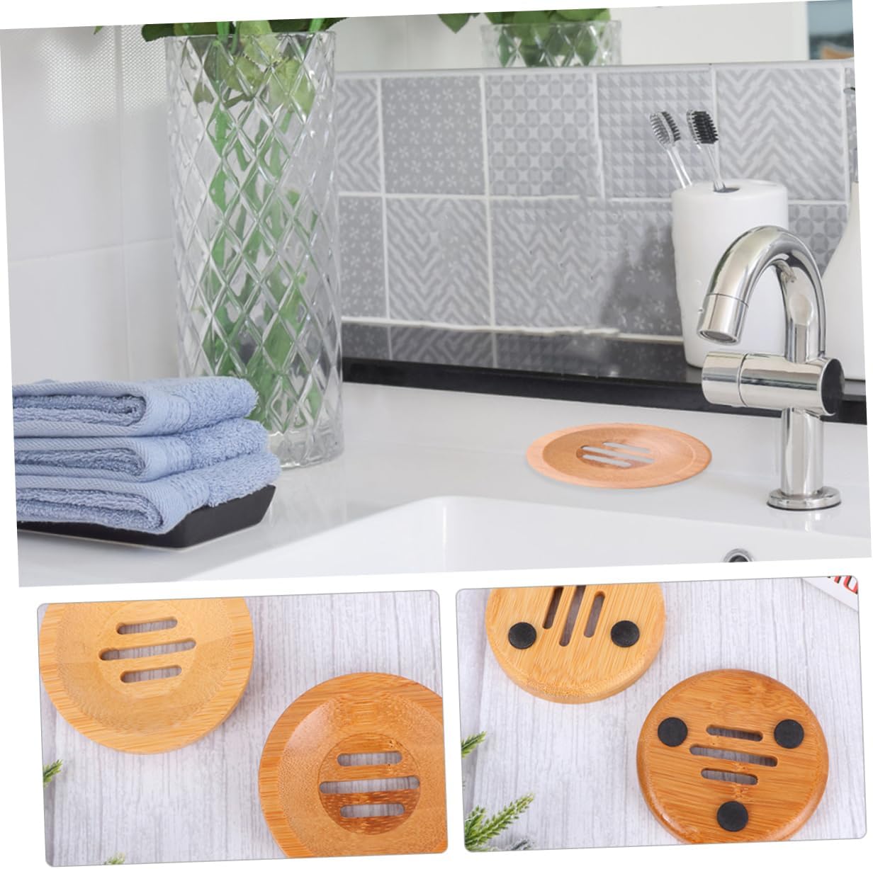3pcs Bathroom Soap Container Bamboo Soap Dish Round Hollow Holder Eco-Friendly Design