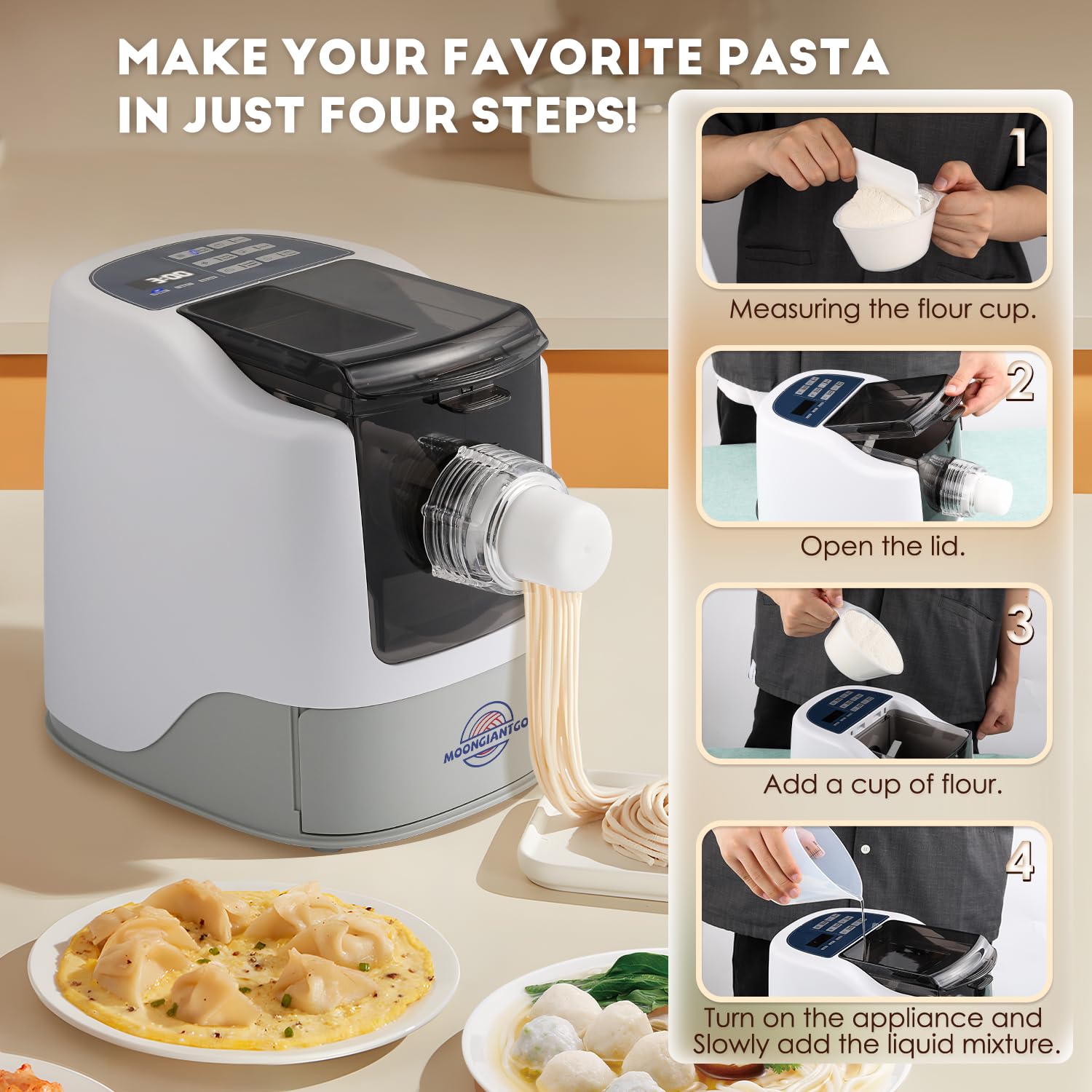 Moongiantgo Machine à Pâte Fraîche Électrique Laminoire, 3 Programmes Automatiques, Boîte de Rangement avec 12 Disques de Mise En Forme pour Nouilles Spaghetti Fettuccine, Jusqu'à 500g de Farine, 260W