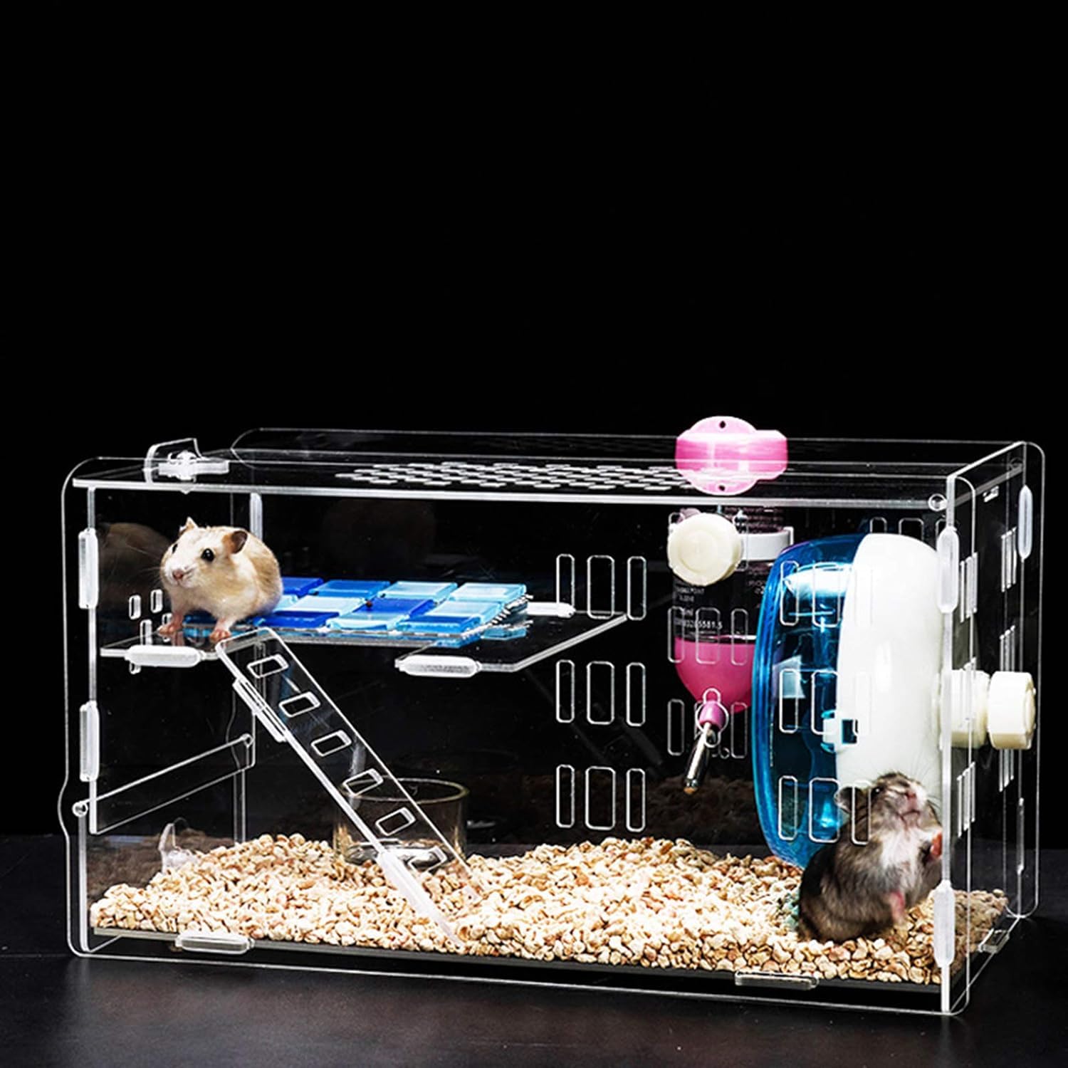 Jaula acrílica Transparente para hámster, Jaula de Animal PEQUEÑO, casa para hámster con Botella de Agua, Rueda para Correr, Escalera de Escalada, terrario Gerbil