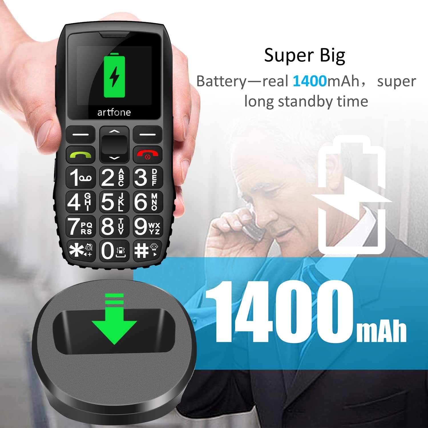 artfone C1+ Seniorenhandy ohne Vertrag | Nano SIM mit Notruftaste | Lange Standby-Zeit | Großtastenhandy mit Ladestation | Mobile Rentner Handy | 1800 mAh Akku