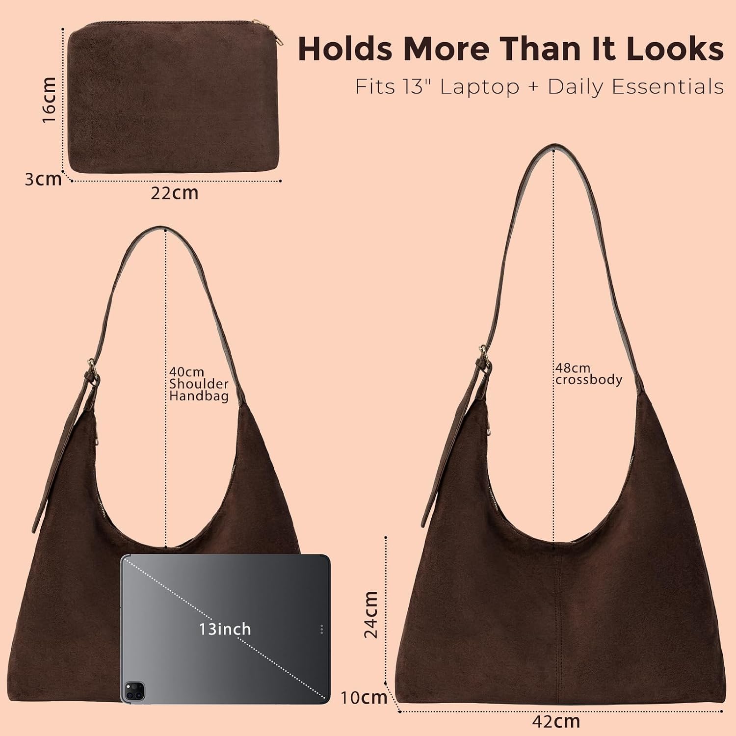 2PCS Suede Tote Bag Women: Slouchy Hobo Work Suede Shoulder Bag with Pouch