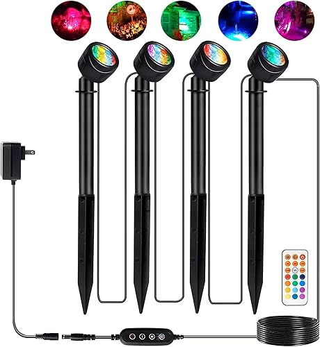 Focos RGB de bajo voltaje, paquete de 4 luces LED ajustables de 360 12 W para exteriores, impermeables, control remoto, cambio de color, iluminación