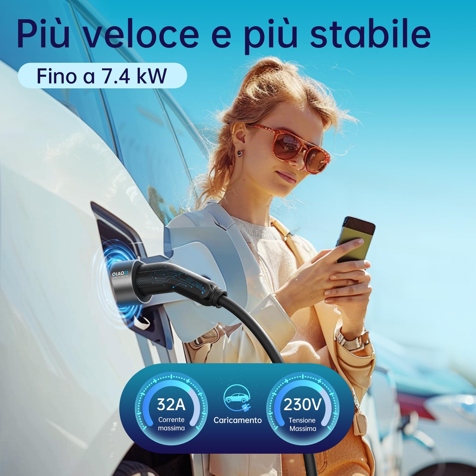 QIAO)) Cavo di ricarica per veicoli elettrici di tipo 2, 7,4kW 32A 10M monofase, elettrici da tipo 2 a tipo 2 IEC 62196, cavo di ricarica rapida per auto elettriche con borsa per il trasporto
