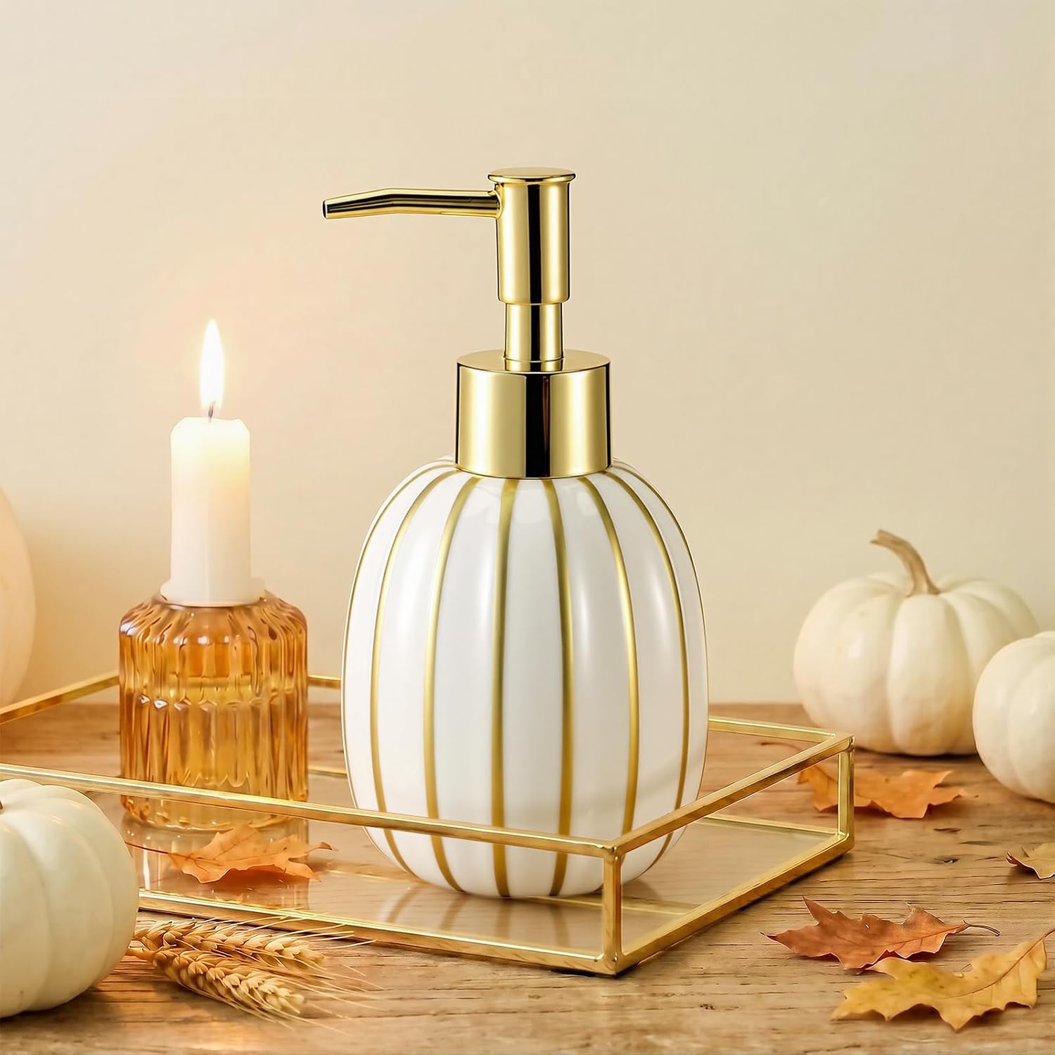 SiliFine Pumpkin Soap Dispenser Ceramic White and Gold Fall Pump Bottle