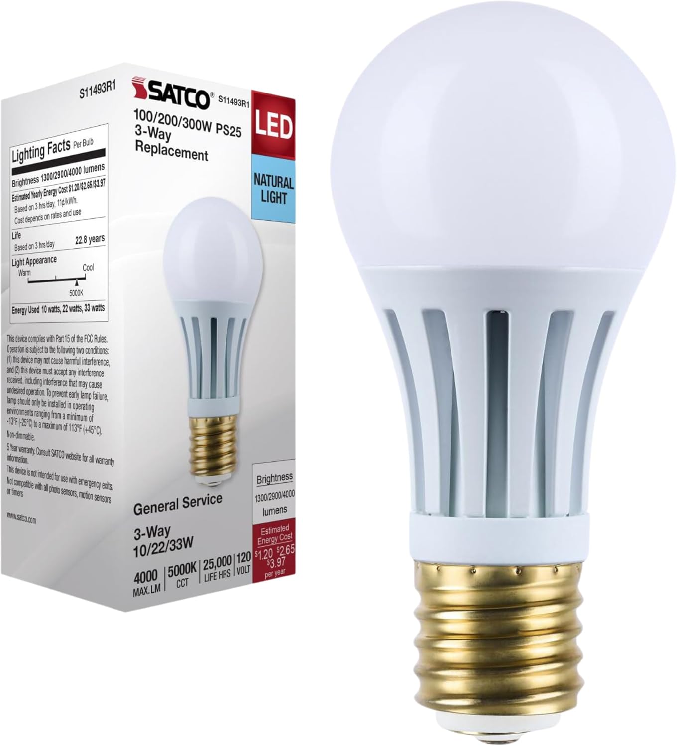 Satco S11493R1- LED Three-Way Lamp, 10/22/33W, Mogul Base, 5000K, White Finish (1)