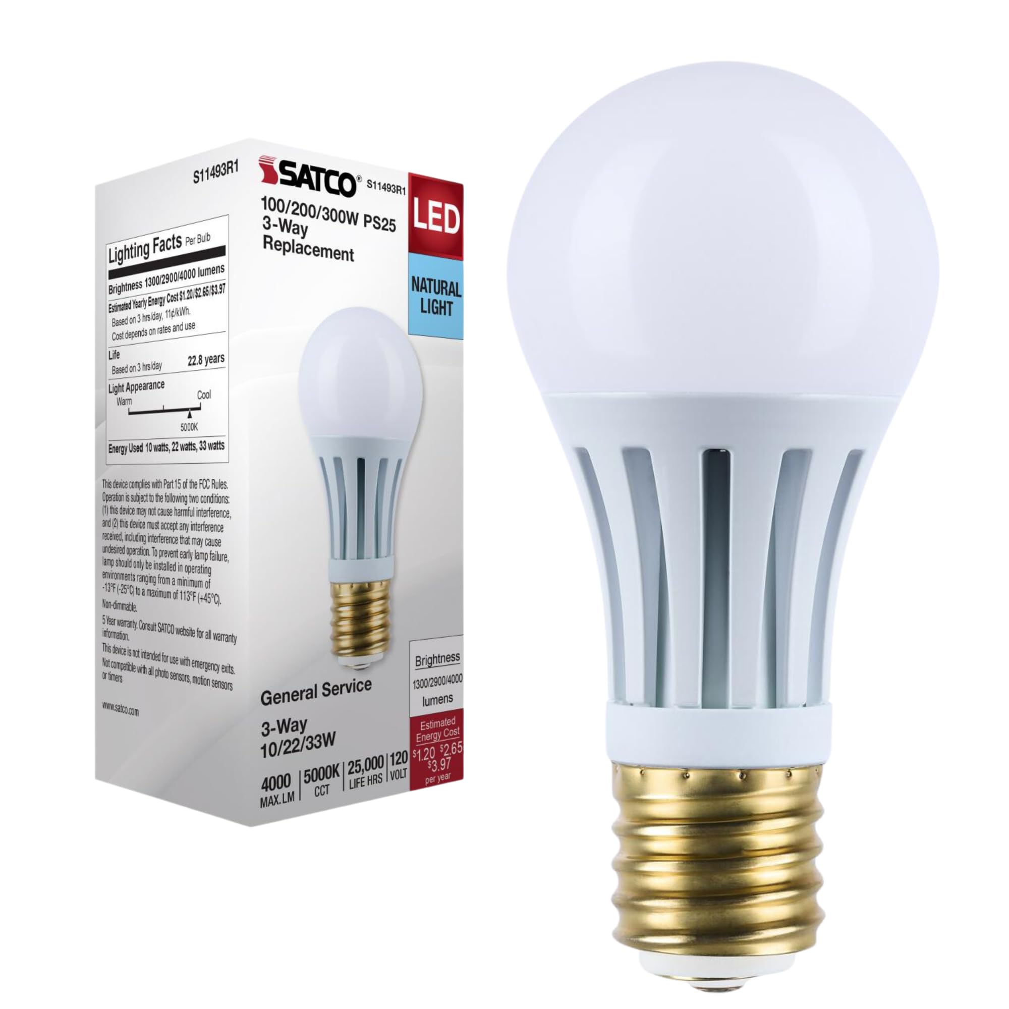 Satco LED ThreeWay Lamp, 10/22/33W, Mogul Base, 5000K, White Finish (1
