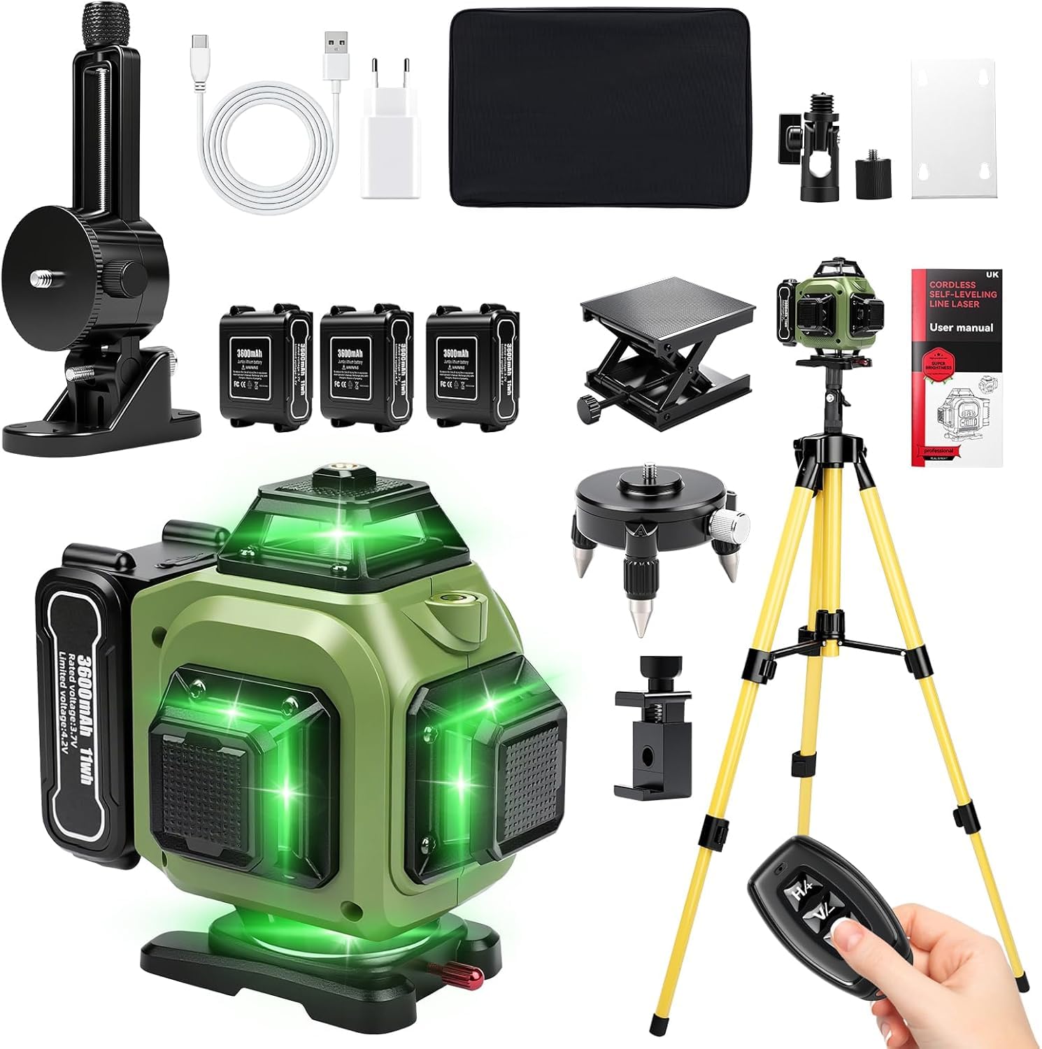 Livella laser a croce con 16 linee,portata di 30 m, autolivellante 4 x 360° con treppiede, ideale per cantieri edili interni, con batterie da 3x3600 mAh.