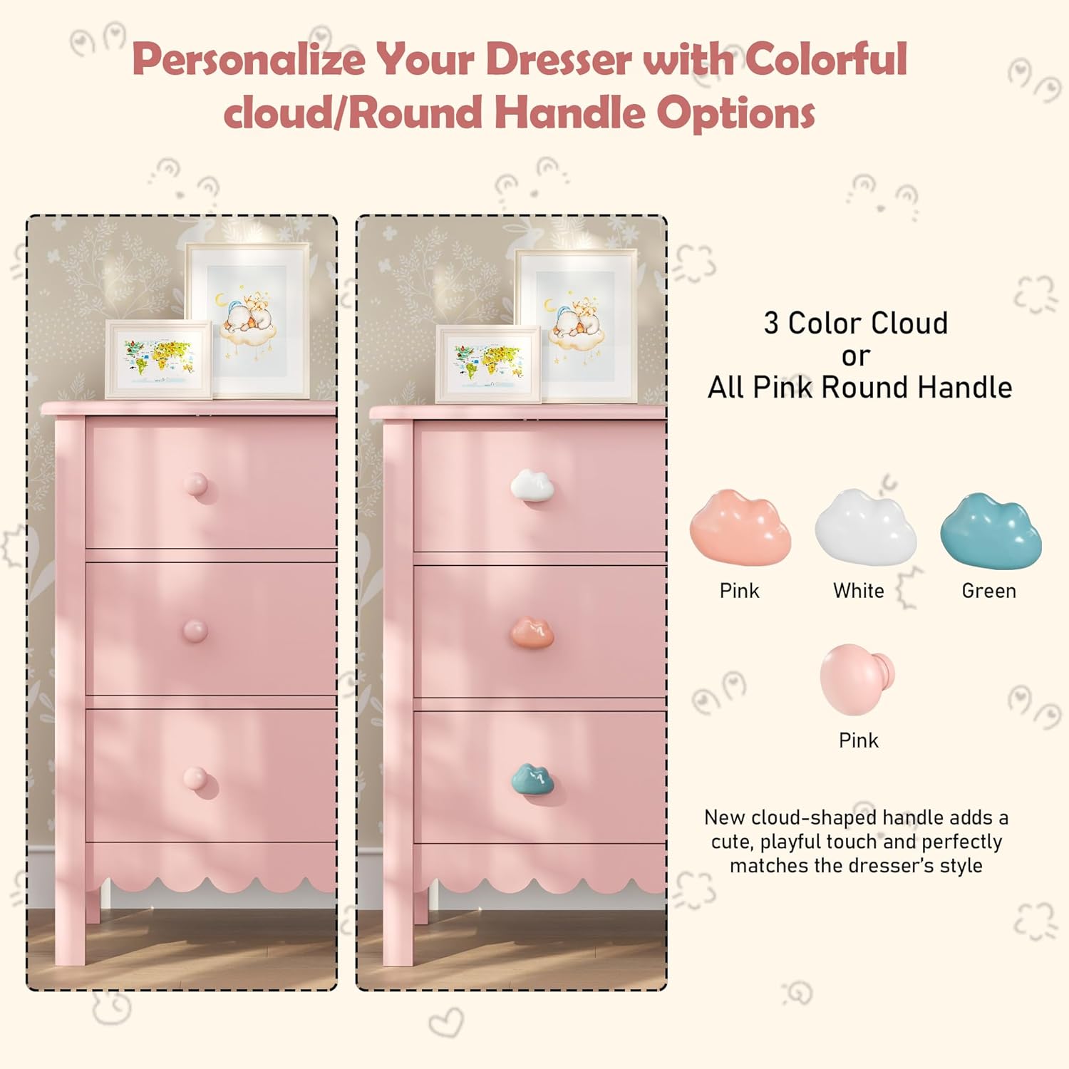 FUNKOCO Pink Nightstand, 27.56" Wide 3 Drawer Night Stand for Bedroom, Cute Scalloped Dresser Bedside Table for Bedroom, Hallway, Living Room