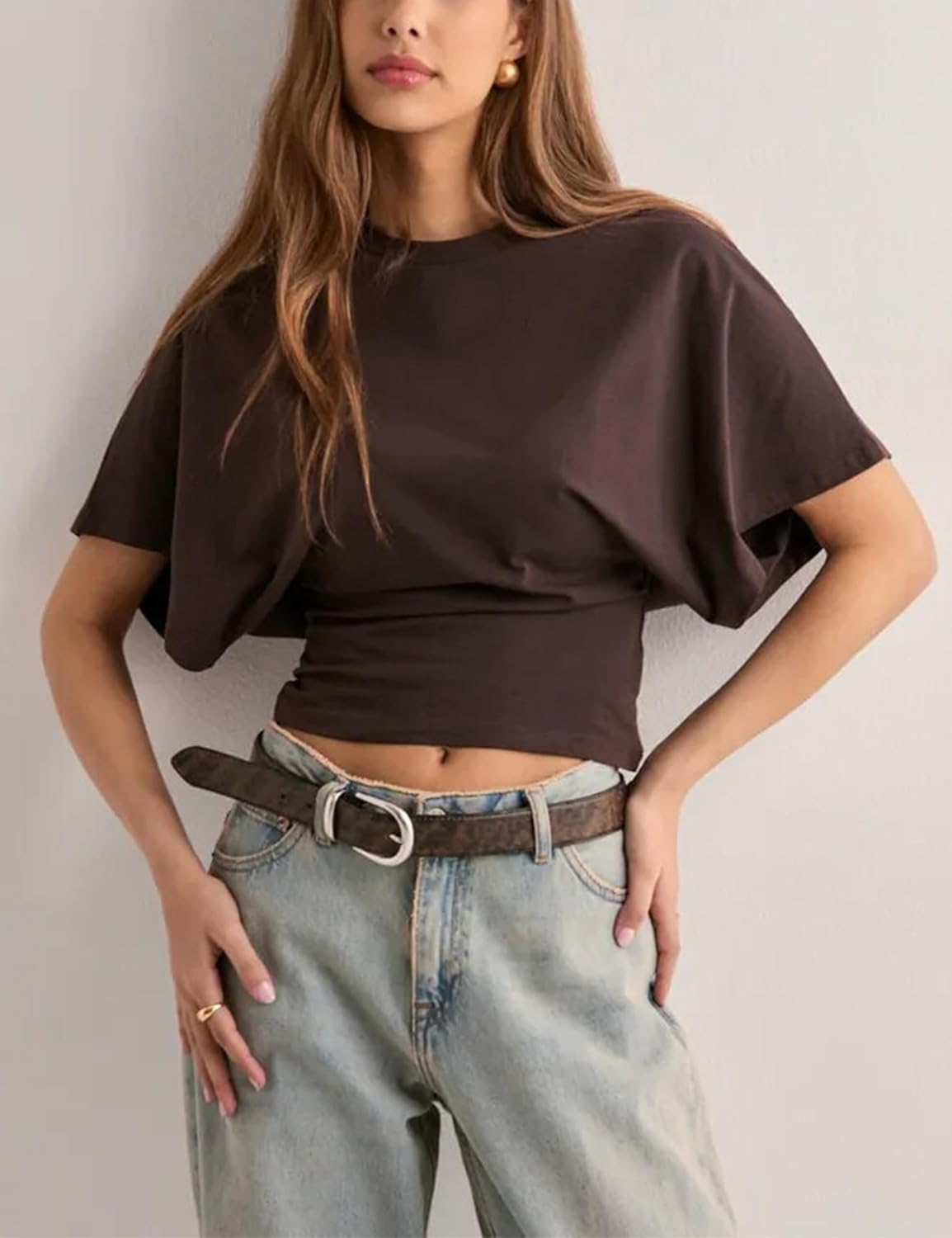 Lumister Shirts for Womens Crewneck Tighten Waist T-Shirt Casual Short Sleeve Workout Tops Solid Color Basic Tees - Image 4