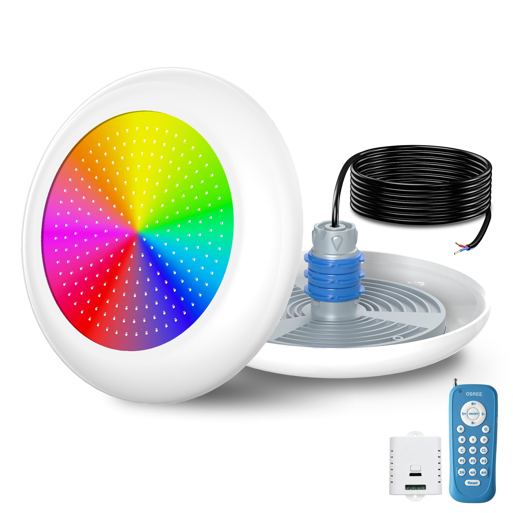 Foco LED Piscina con Rosca 1,5", 25W Lámpara Piscina RGB Multicolor con Remoto, Ø242mm, 12V AC Relleno de Resina Luz Sumergible para Boquilla y Tubo para Piscinas Hormigón Escaleras