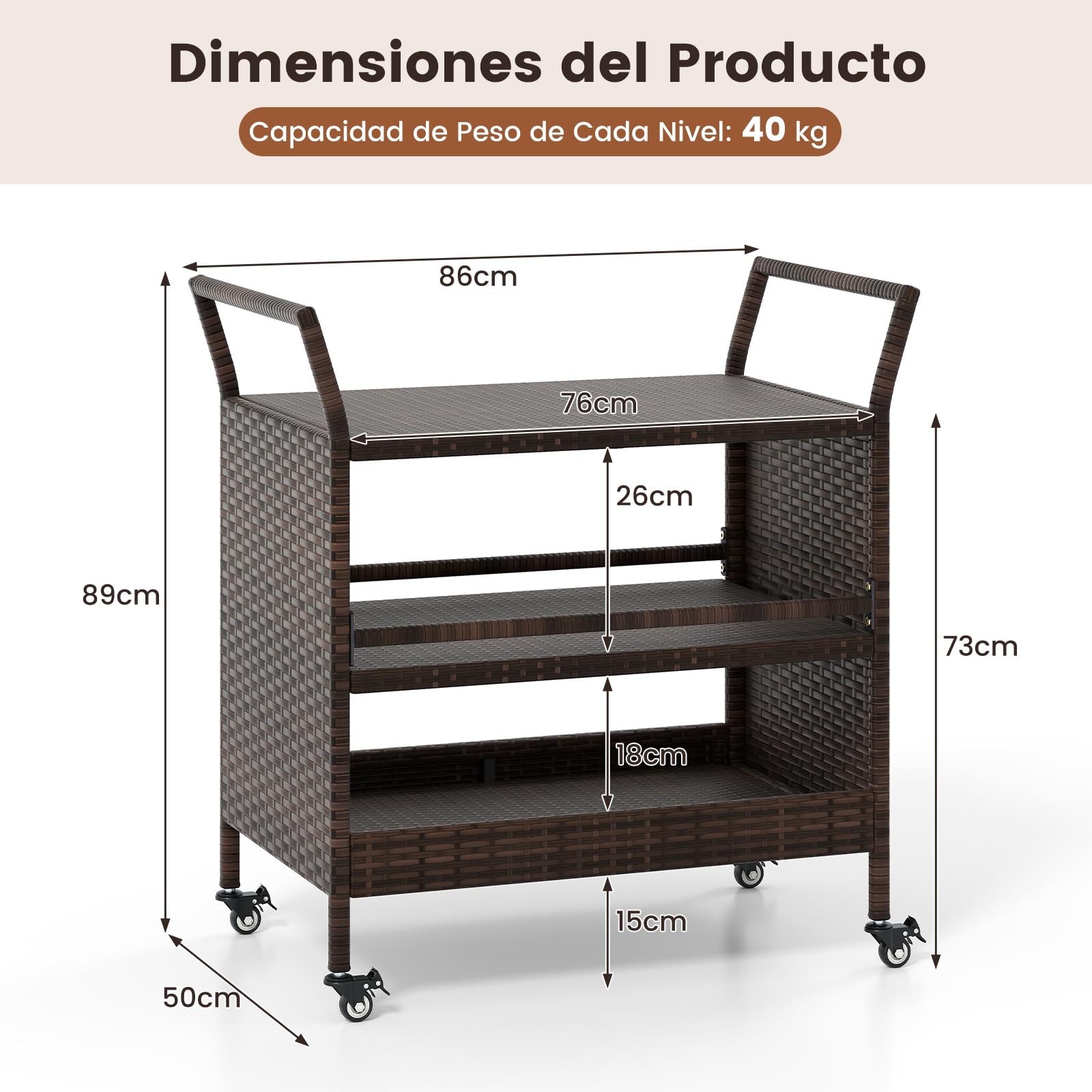 COSTWAY Carrito de Cocina de Ratán, Carro de Servicio Portátil de 3 Niveles con 4 Ruedas Bloqueables y Asas Laterales, Mesa de Exterior para Jardín y Patio, Color Marrón Mixto, 86x50x89cm