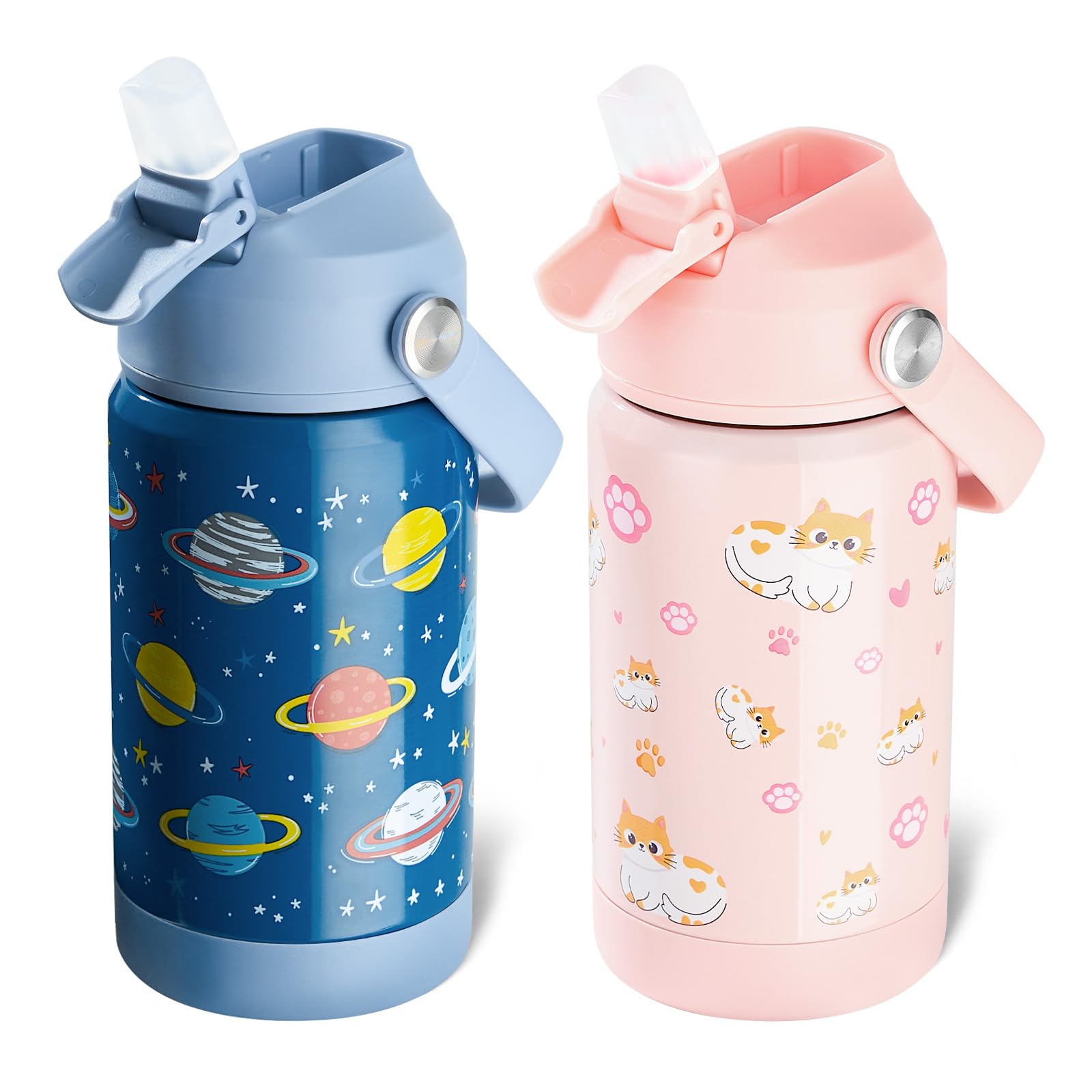Fijinhom Kids Water Bottle, 360ml/12oz, Stainless Steel Insulated Water Bottle with Straw, Vacuum Leakproof, Kids Water Bottles for School Boys Girls,BPA Free,Planet + Kitty 2 Piece Set โ image 1