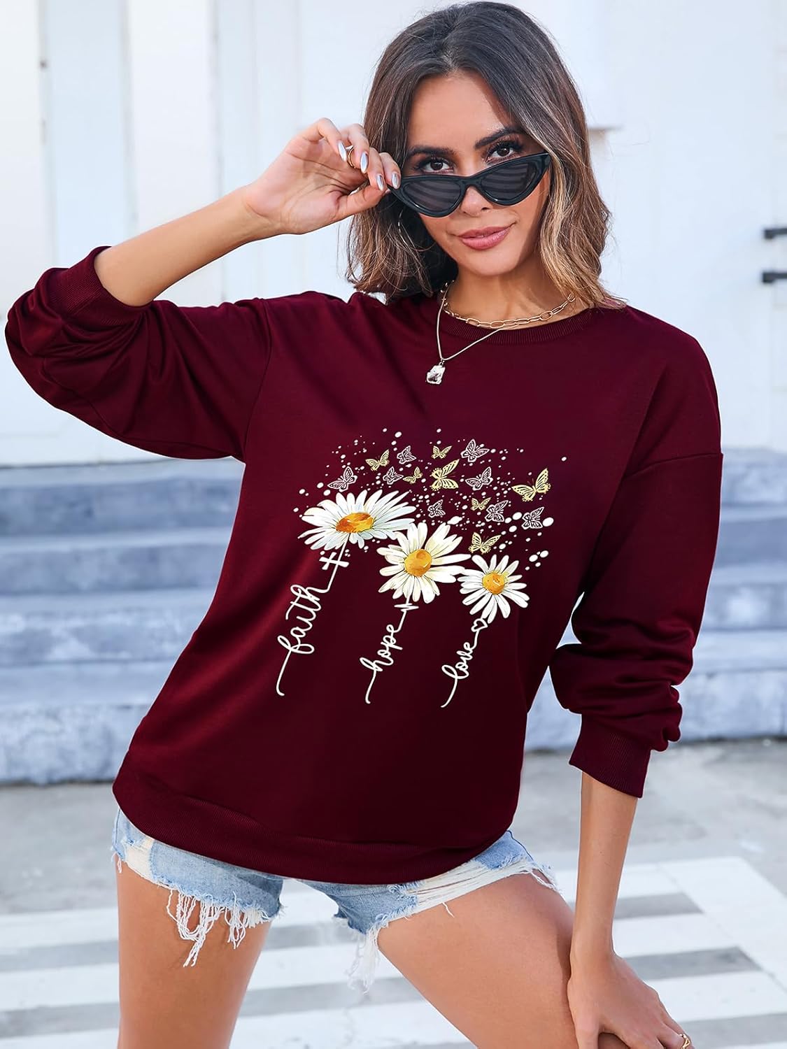 Women’s Christian Sweatshirts,Faith Hope Love Daisy Print Crewneck Long Sleeve Casual Loose Fit Sweatshirt - Image 6