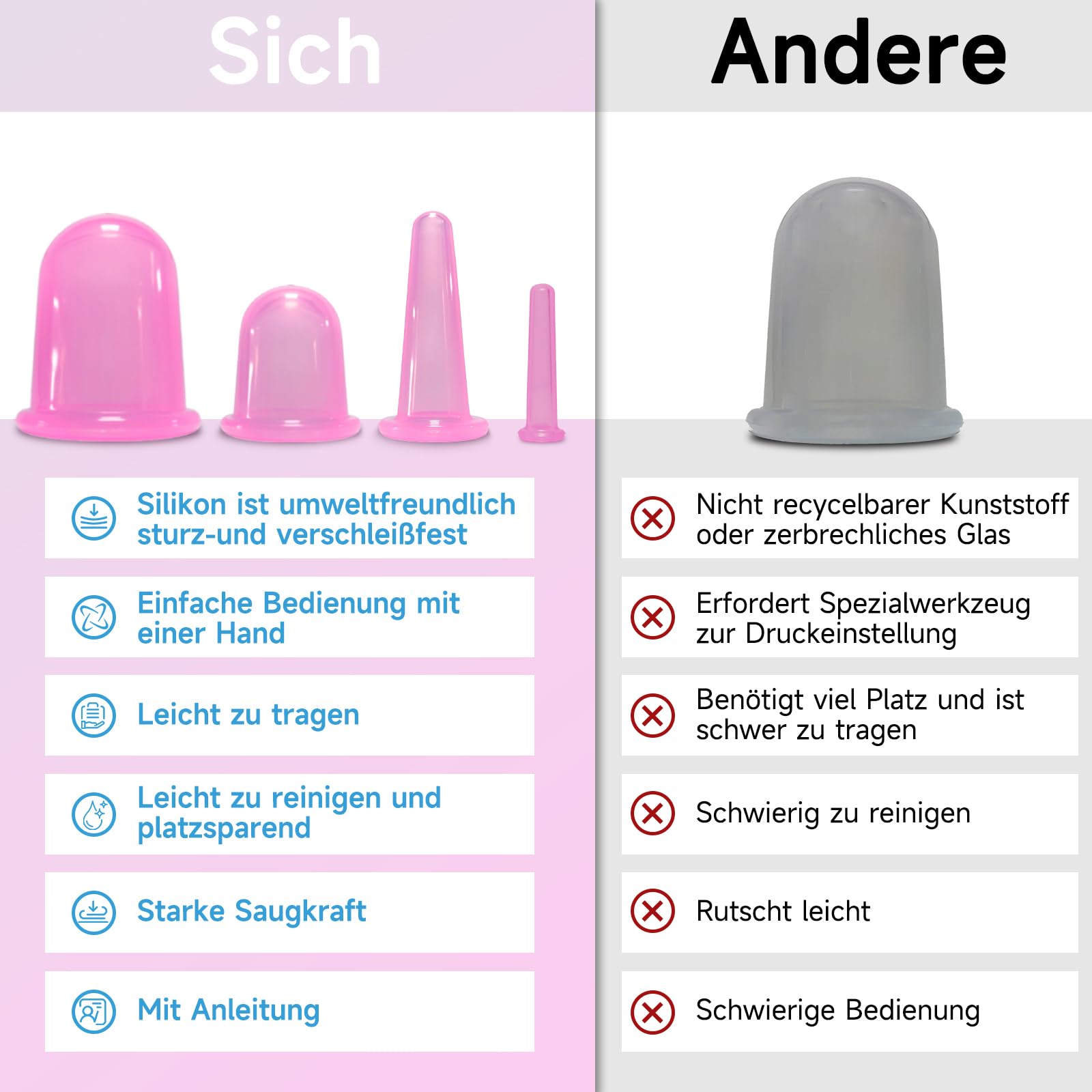 Schröpfgläser Silikon und Gua Sha,7-teiliges Schröpfen-Kit mit Aufbewahrungsbeutel,verschiedenen Größen Cupping Set,Gua Sha Stein für Augen,Schröpfenmassage im Gesicht, Augen, Körper