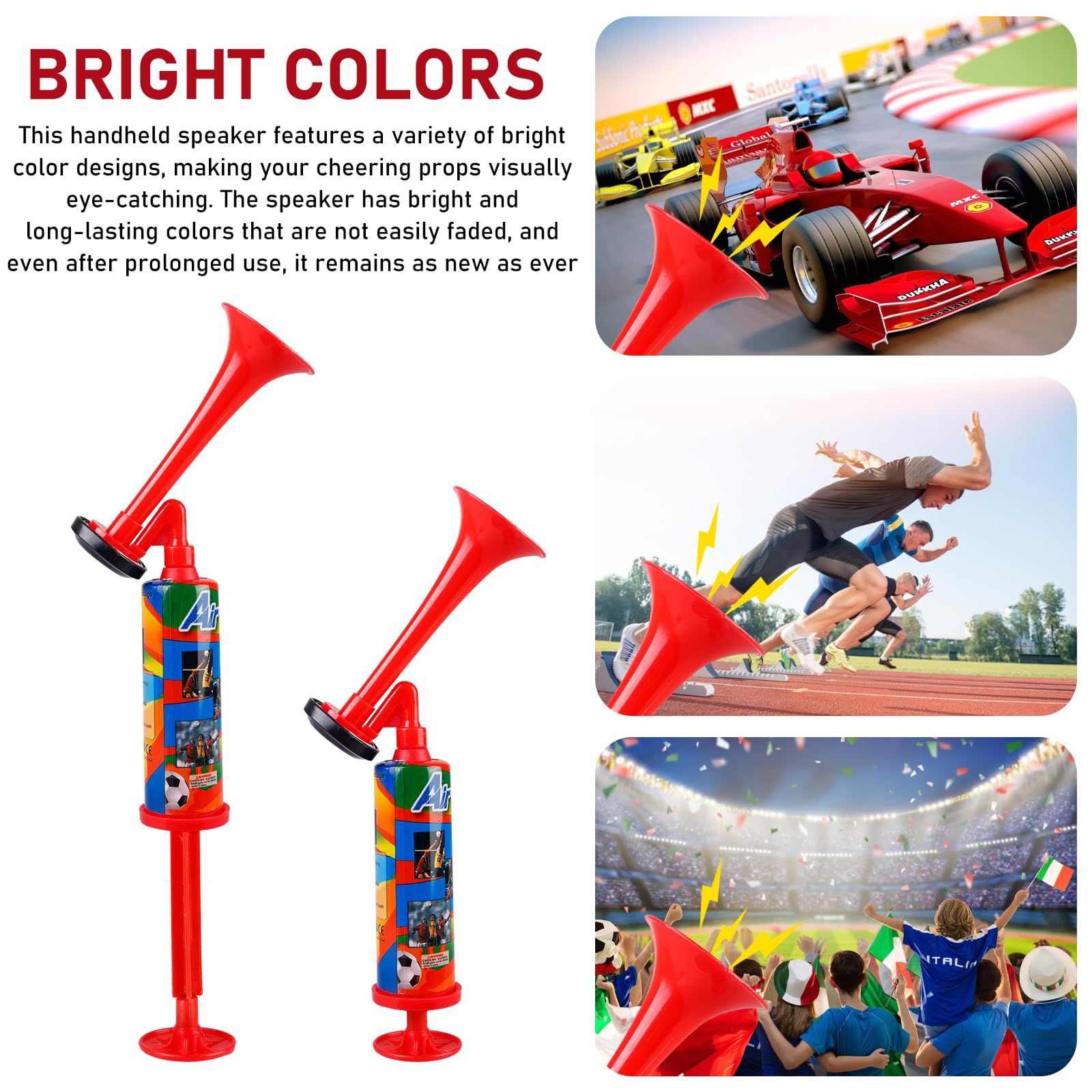 Lot de 2 klaxons à air rouges : klaxon de stade réutilisable - Utilisation polyvalente comme klaxon dans le trafic routier, jeux de football