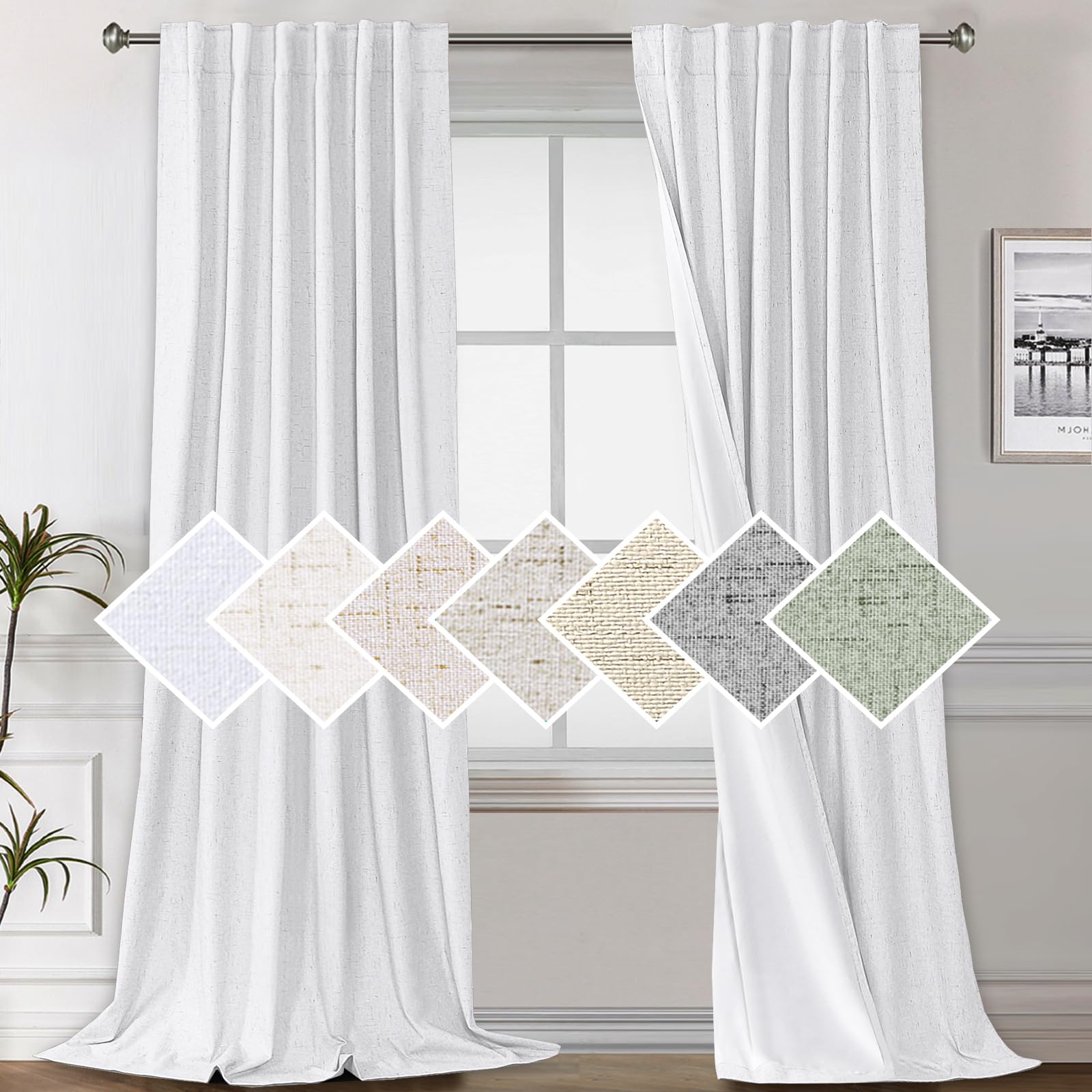 H.VERSAILTEX Pure White 100% Blackout Faux Linen Window Curtain Panels Heat and Full Light Blocking Drapes for Nursery, Back Tab 84 inches Thermal Insulated Draperies 52 inches Wide Each Panel, 2 PCsOEKO-TEX STANDARD 100