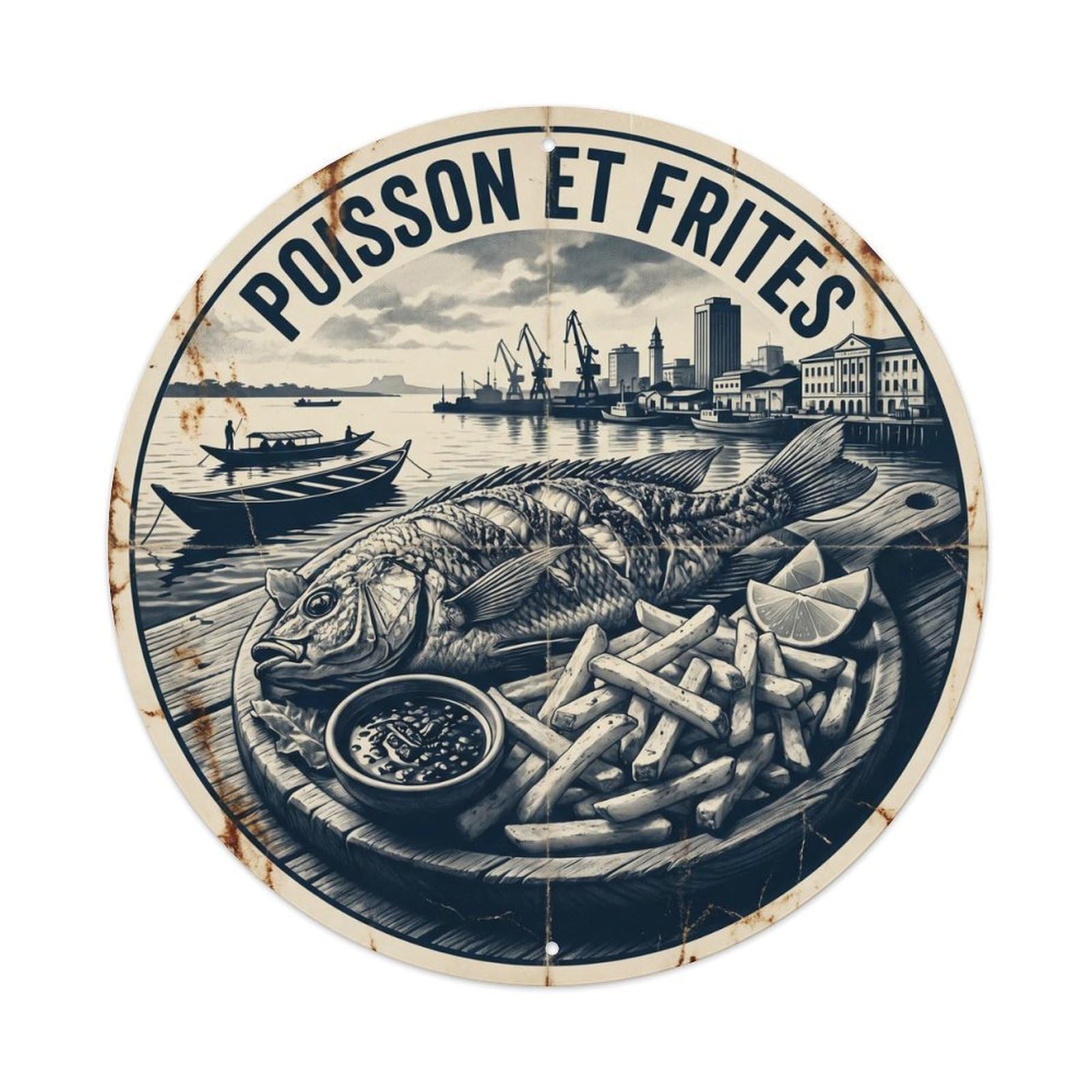 DR Congo Harbor Fish Chips Retro Cuisine Metal Tin Sign