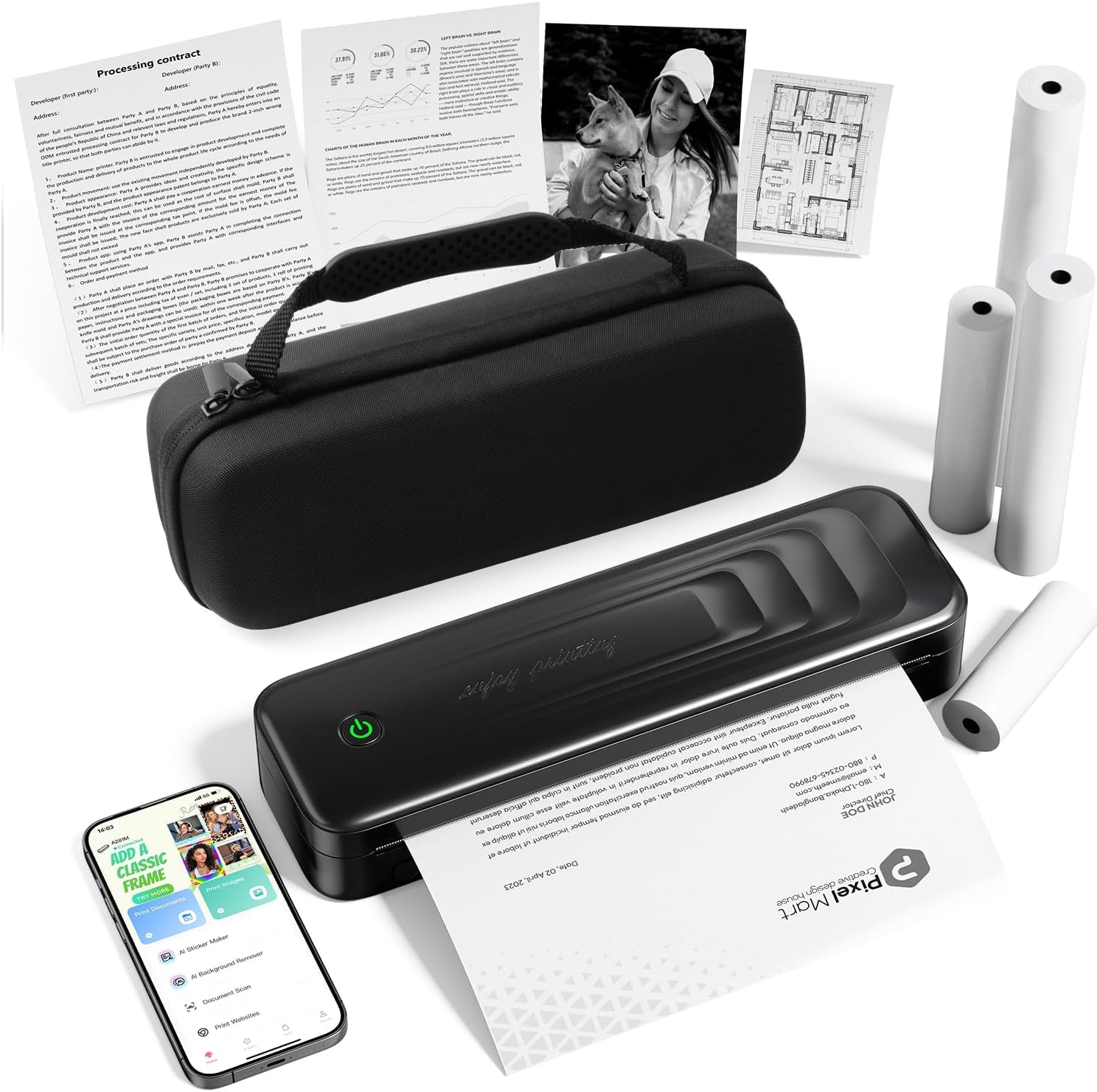 Portable Printers Wireless for Travel with Case &amp; 4 Rolls Thermal Paper