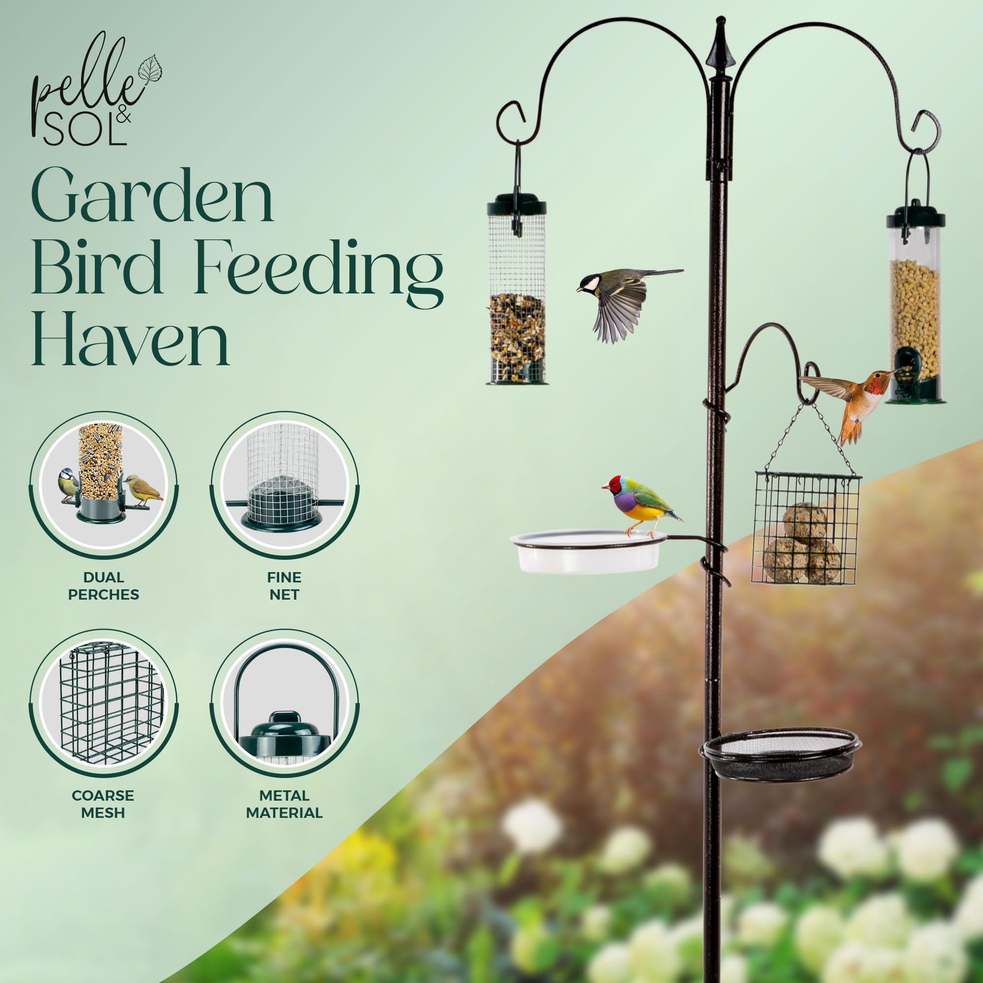 Pelle & Sol Bird Feeder with 3 Feeders and 2 Dishes Feeding Station - Squirrel Proof Metal Hanging Station for Wild Birds Seed Feeder Outdoor Garden Decoration