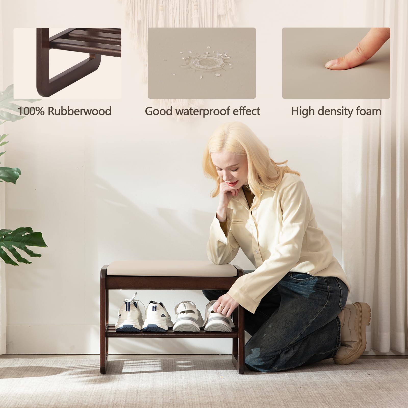 Achicsofar Small Shoe Rack Bench - 2-Tier Wooden Entryway Bench With Cushion, Shoe Storage For Hallway