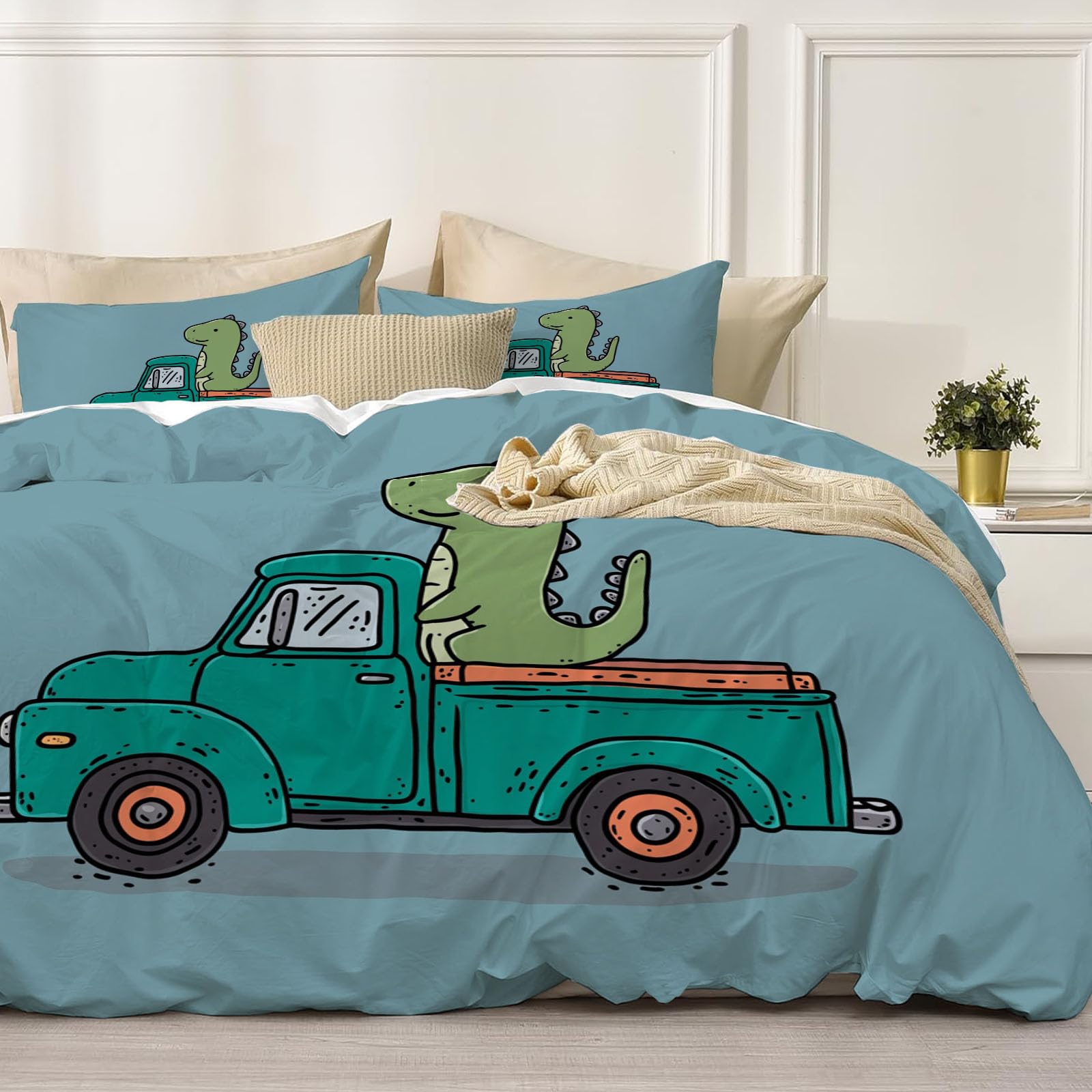 Housse de couette 220x240 anti-plis parure lit microfibre facile à laver camion vert