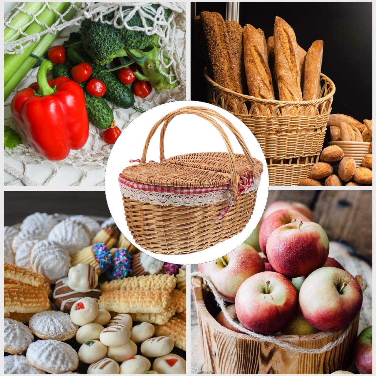 Milisten Wicker Picnic Basket with Liner Split Lid Picnic Hamper Hand Woven Flower Basket with Folding Handle for Outdoor Picnic Camping