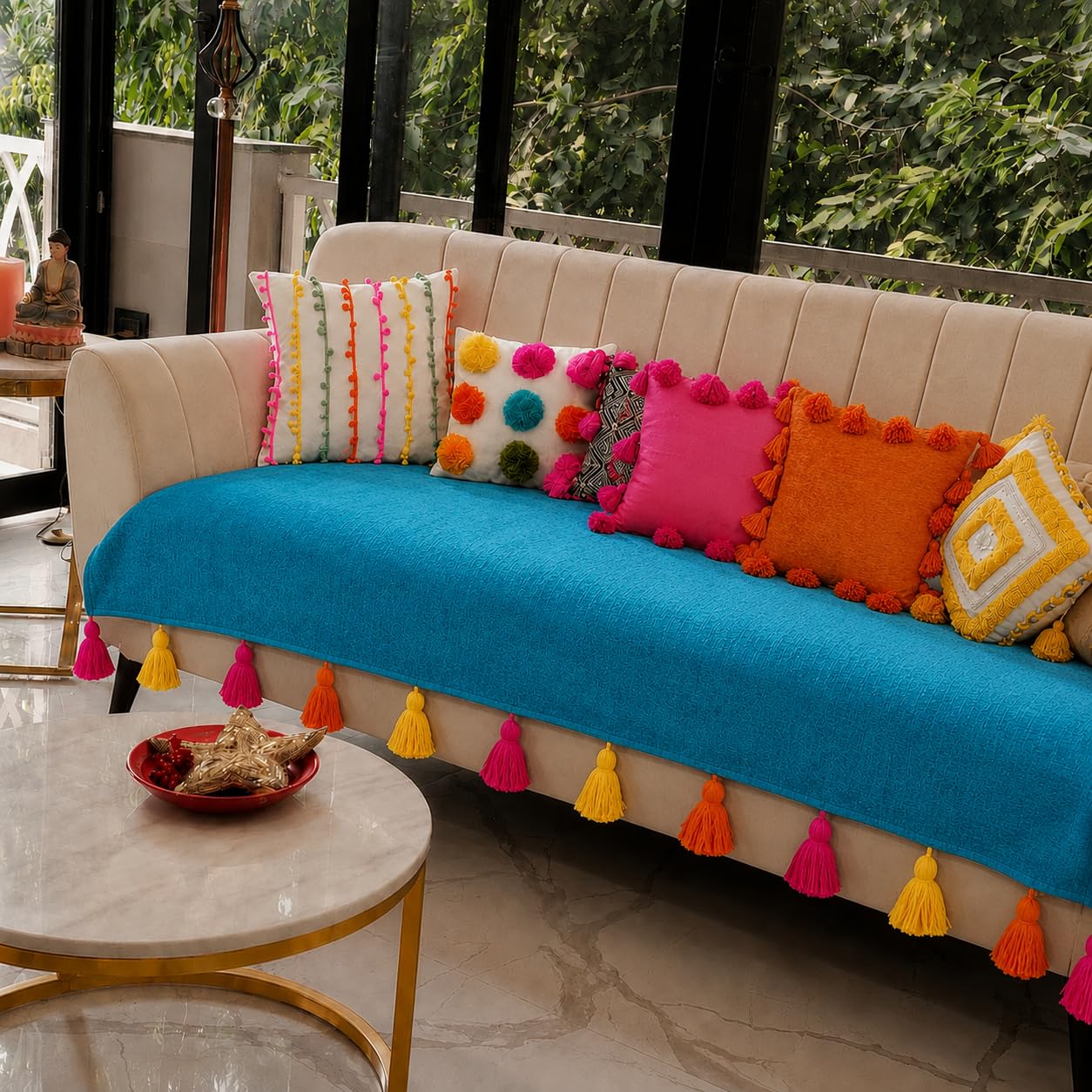 Peacock Blue Throw Pillow Sofa Cover With Tassels: 5 Seater Sofa Covers 3 seater and 2 seater|Set of 2 Covers-3+2 Seater Sofa Cover 5 Seater Fully Covered| Tassel Sofa|Sofa Cover 5 seater with Tassel-image-1