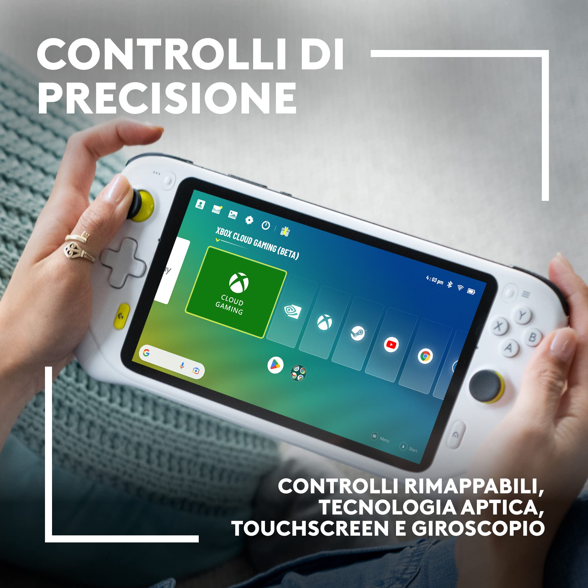 Logitech G Cloud Gaming Handheld, Portable Gaming Console with Long Battery Life, 1080P 7-Inch Touchscreen, Lightweight Design, Xbox Cloud Gaming, NVIDIA GeForce NOW, Google Play - EU plug - White