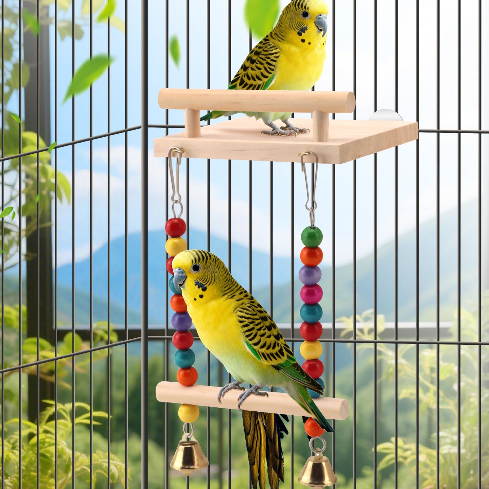 Natural Wood Bird Perch Swing - Cage Platform for Budgies, Cockatiels, Parakeets & Small Birds - Adjustable Play Rest Gym - image 3