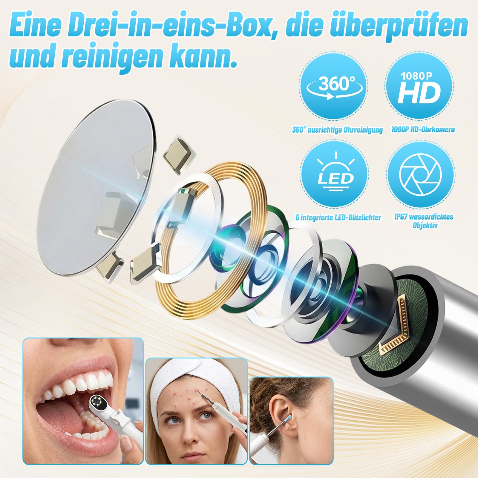 Ohrenschmalz Entferner mit 3,9 Zoll Bildschirm,1080P Ohrenreiniger mit Kamera und 6 LED,ohne App-Download, Ohrreiniger für Erwachsene IP67Wasserdicht,Mundpflege Aufsatz magnetisch,mit Aufbewahrungsbox
