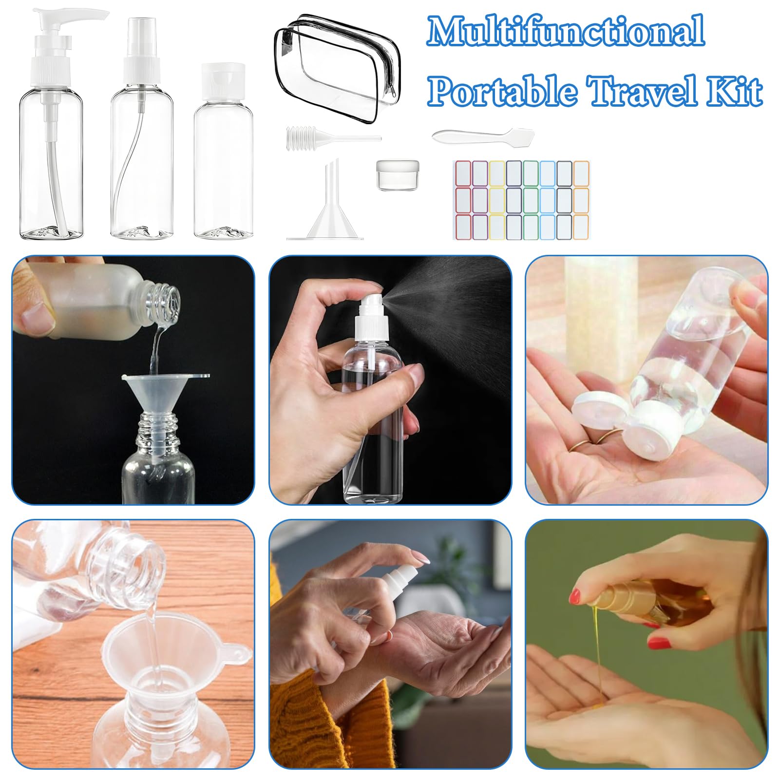 Set di 14 bottiglie da viaggio da riempire, 50 ml, vuote da viaggio, con sacchetto per bagagli a mano, piccolo imbuto, pennello, contenitore da 20 g, con 1 pennello adesivo contagocce