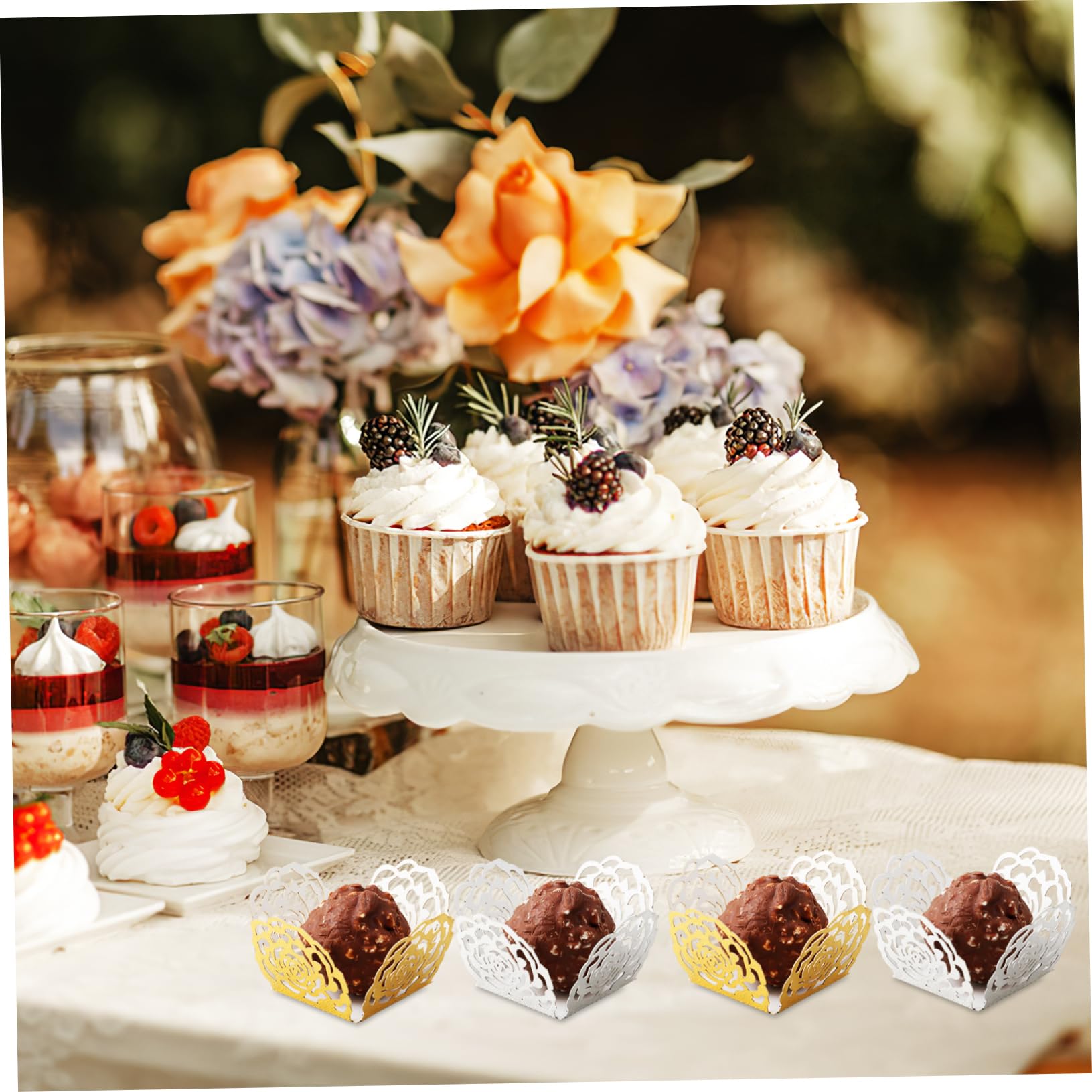 Ipetboom 100Pcs Hollow Rose Flower Edge Chocolate Wrapping Cups Decorative Truffle Liners for Desserts for Weddings Parties and Bakeries Reflective