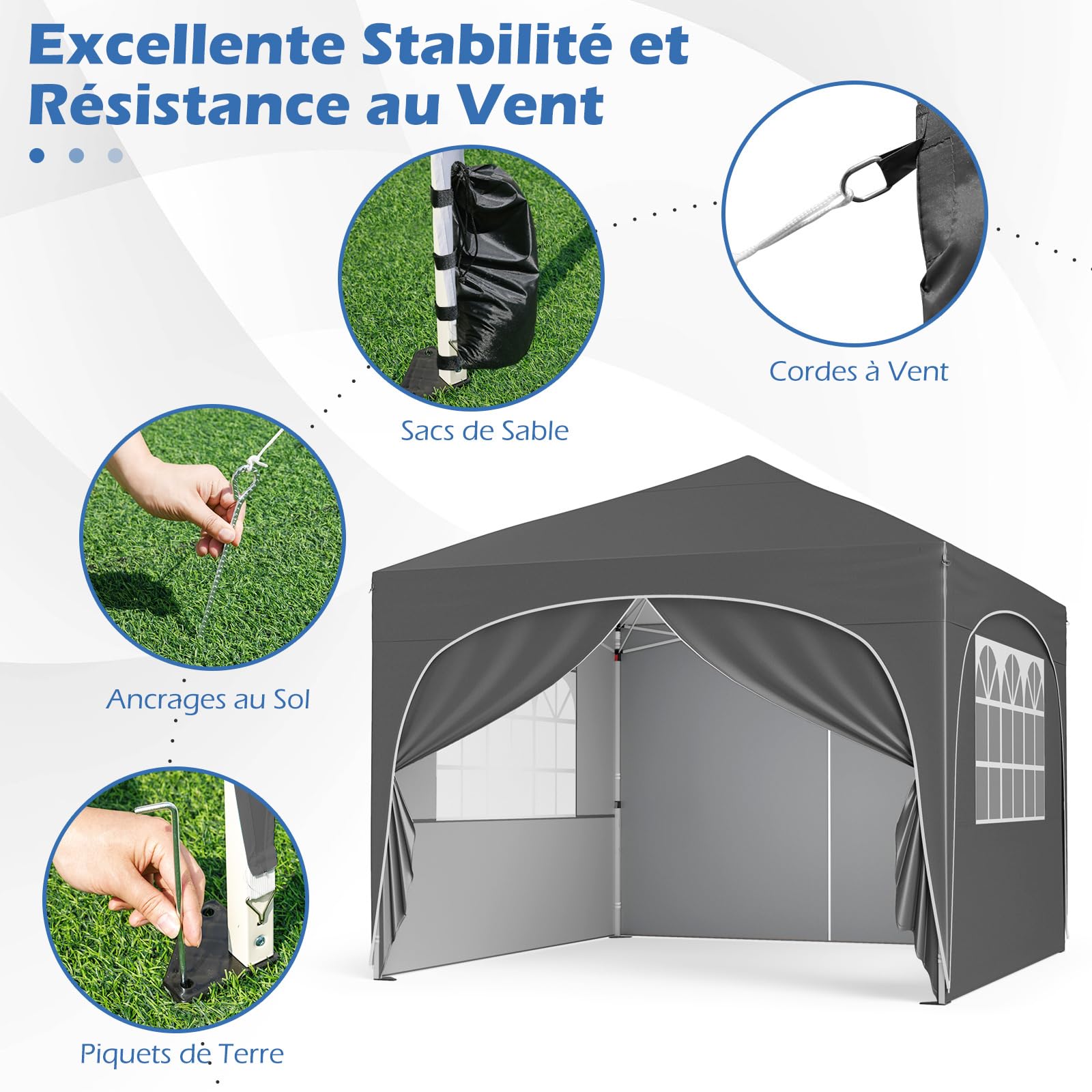 COSTWAY Tonnelle de Jardin Pliante 3x3m avec Parois, Pop up, Protection UV 50+, Imperméable, Tente de Reception Pliable, 4 Côtés et 4 Sacs de Sable, Sac à roulettes, pour Camping Fête (Blanc)