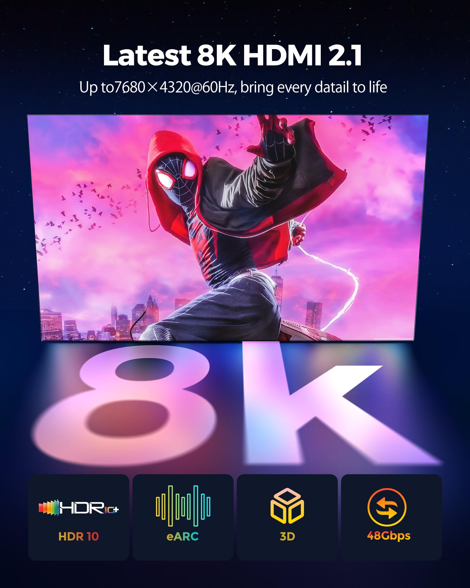 Silkland Cavo HDMI 2.1 8K 2m, Cavo eARC 8K HDMI per soundbar 48 Gbps, PS5 cavo HDMI 4K @120Hz, 2K @240Hz/144Hz, 8K@60Hz, Dynamic HDR10+, Dolby Atmos, HDCP 2.2/2.3 per PS5, laptop,HDTV,Switch,Monitor