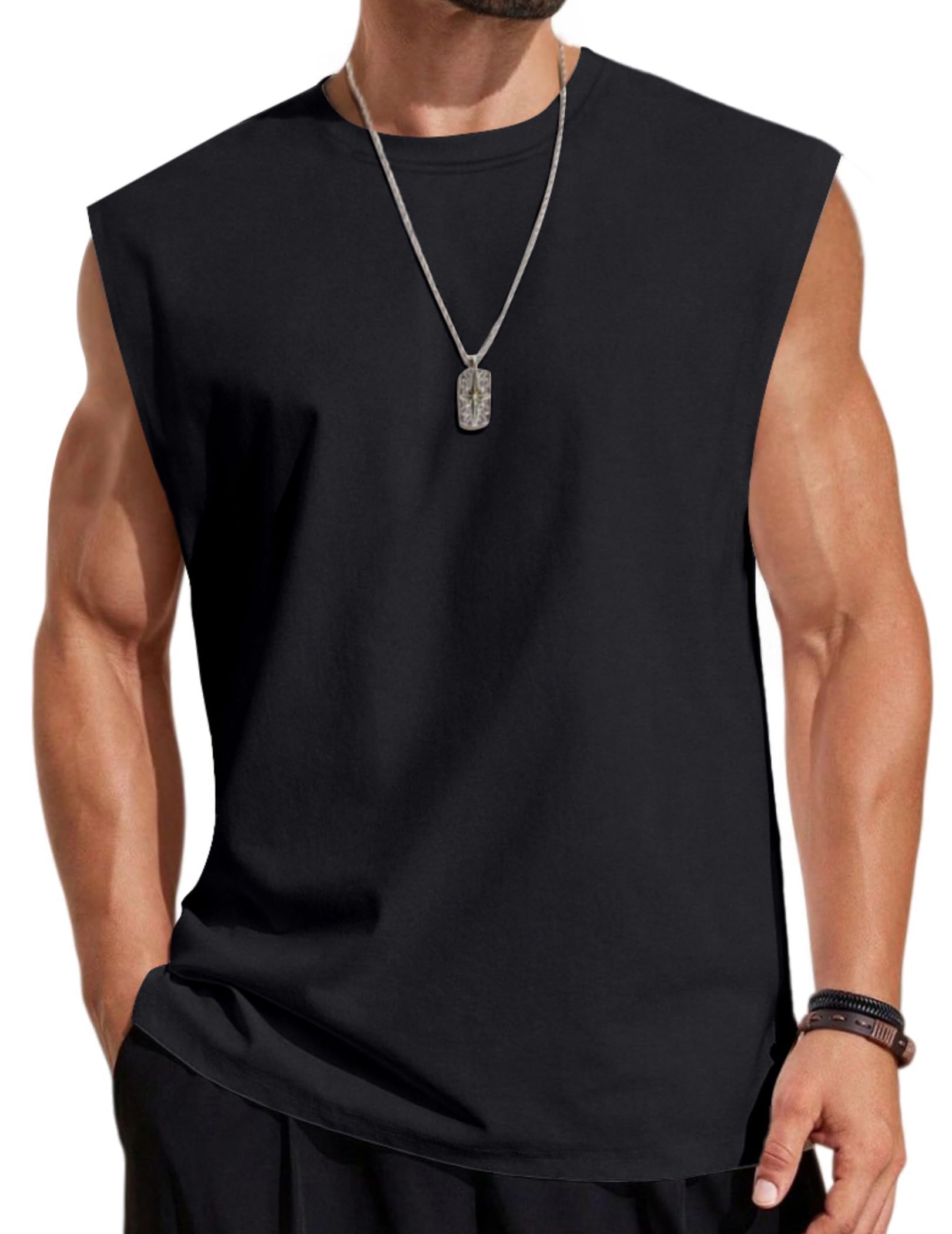 COOFANDY Tank Top Herren Baumwolle Ärmelloses Muskelshirts Workout Streetwears Schwarz L