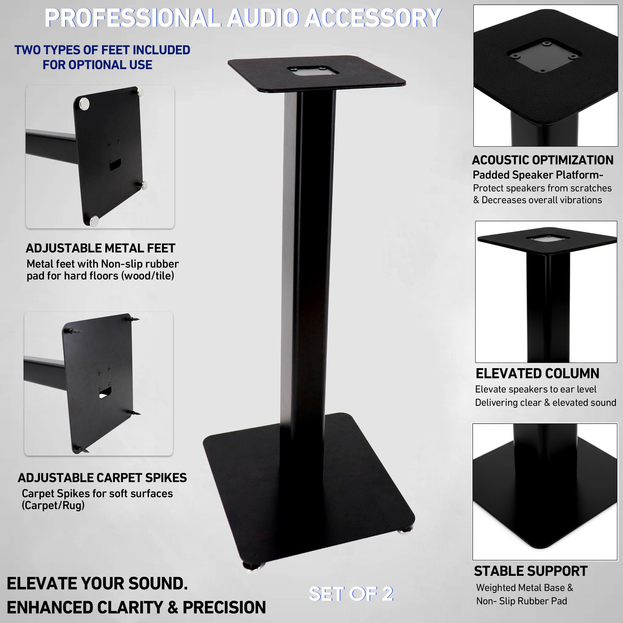 Coppia di supporti per altoparlanti da pavimento, altezza 62 cm, capacità di peso 20 kg, canale di instradamento cavi nascosti, vassoi in metallo da 17,8 x 17,8 cm, per altoparlanti monitor