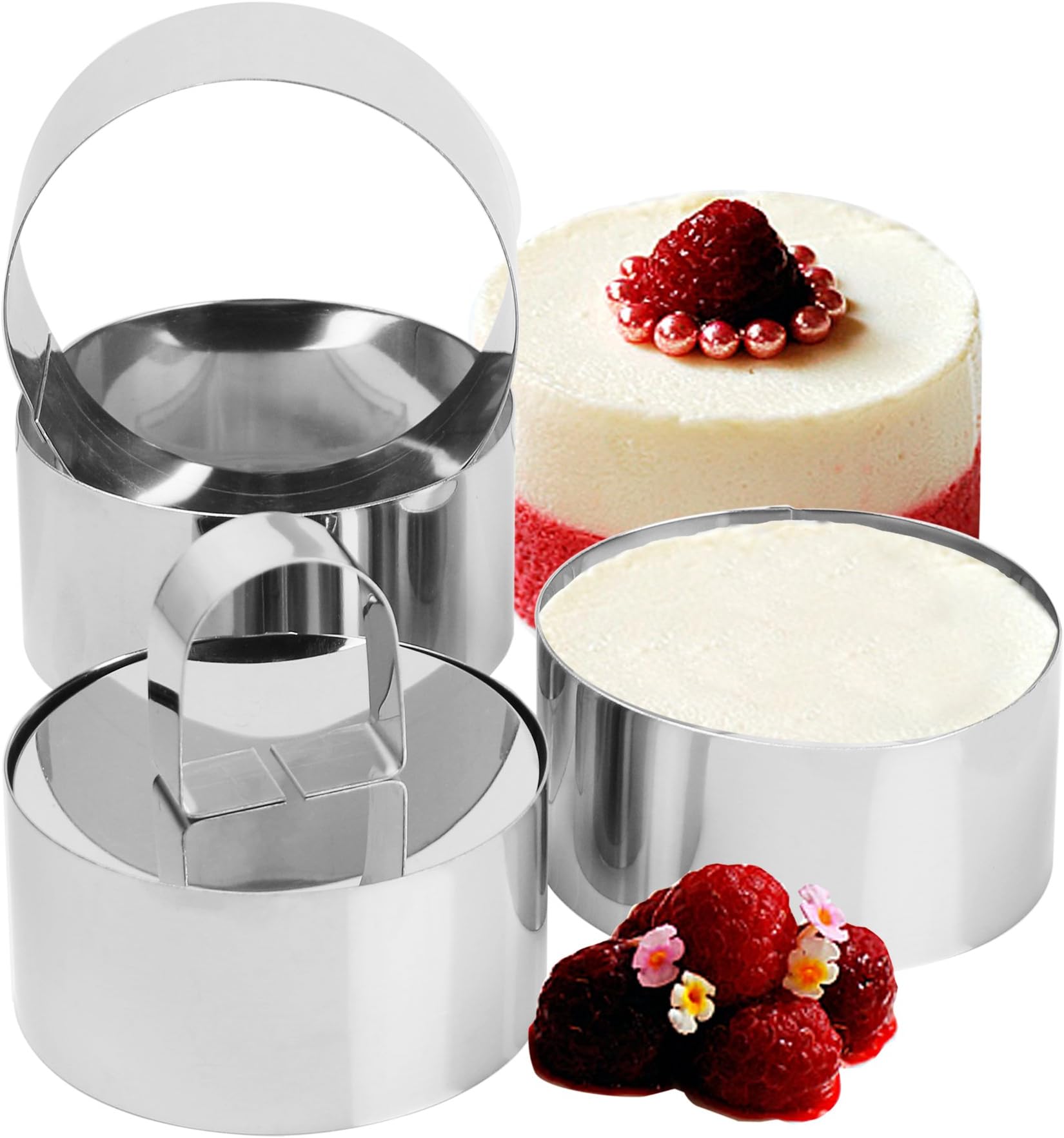 Set of 4 - Round Stainless Steel Small Cake Rings, Mousse and Pastry Mini Baking Ring Mold with Pusher