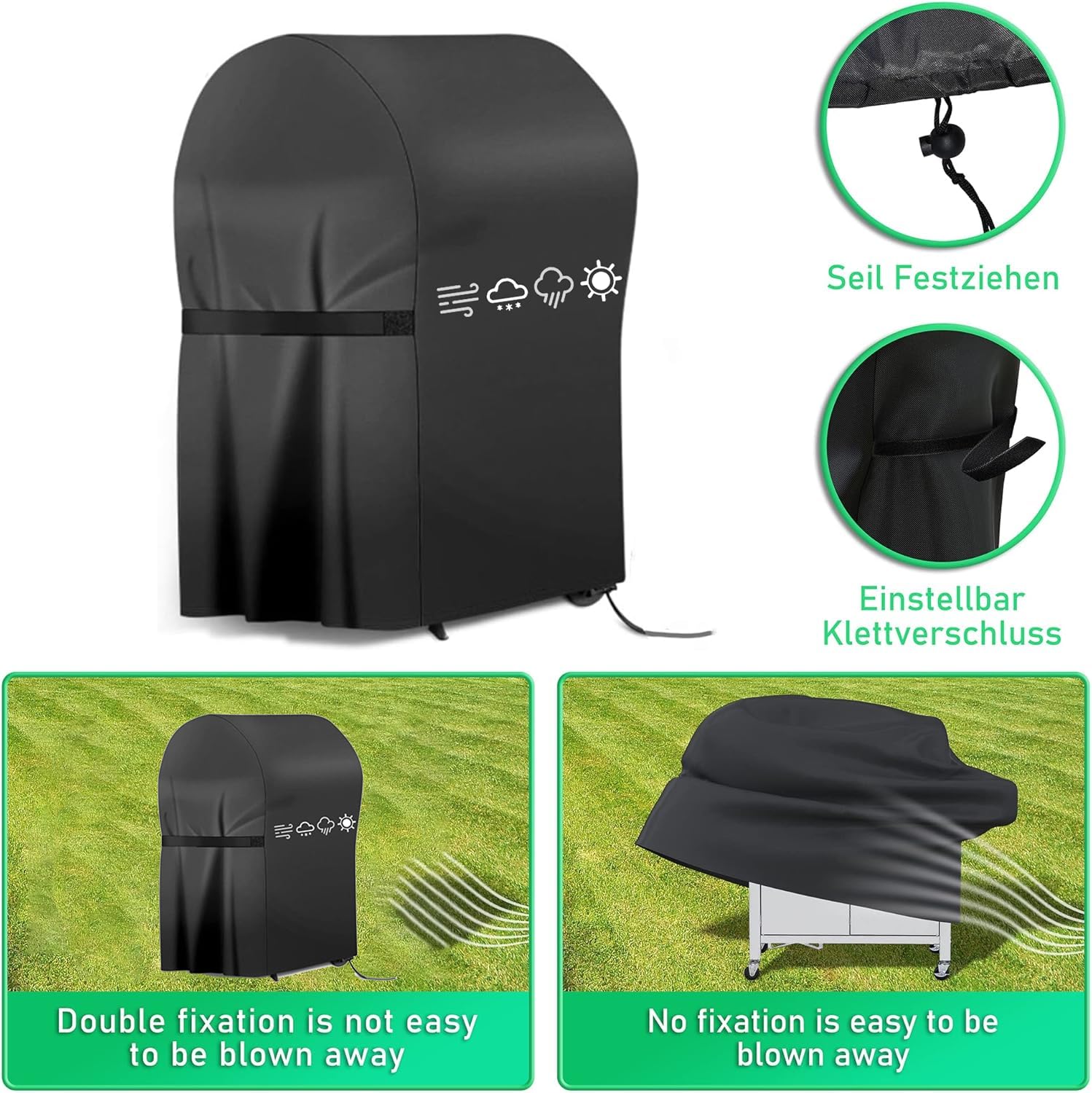 Copertura Per Barbecue RICHIE 147x61x117 Cm – Tessuto 420D Impermeabile, Antivento E Antiraggio UV, Con Velcro, Colore Nero