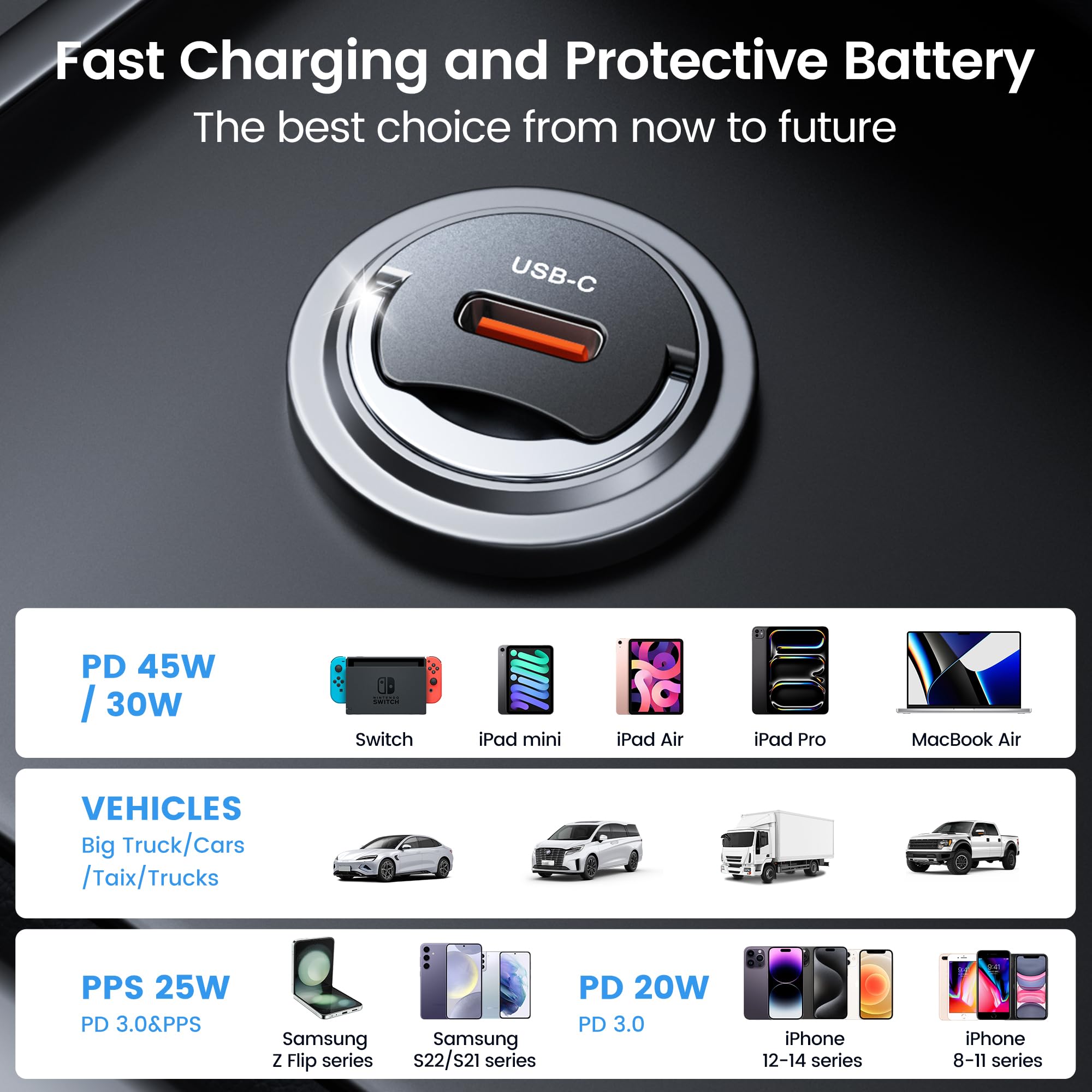 toocki 45W samochodowa ładowarka USB-C (2 sztuki), PD 3.0 - Szybka ładowarka samochodowa z pojedynczym portem typu C do iPhone'a 16/15/14 Pro Max, iPad i Samsung