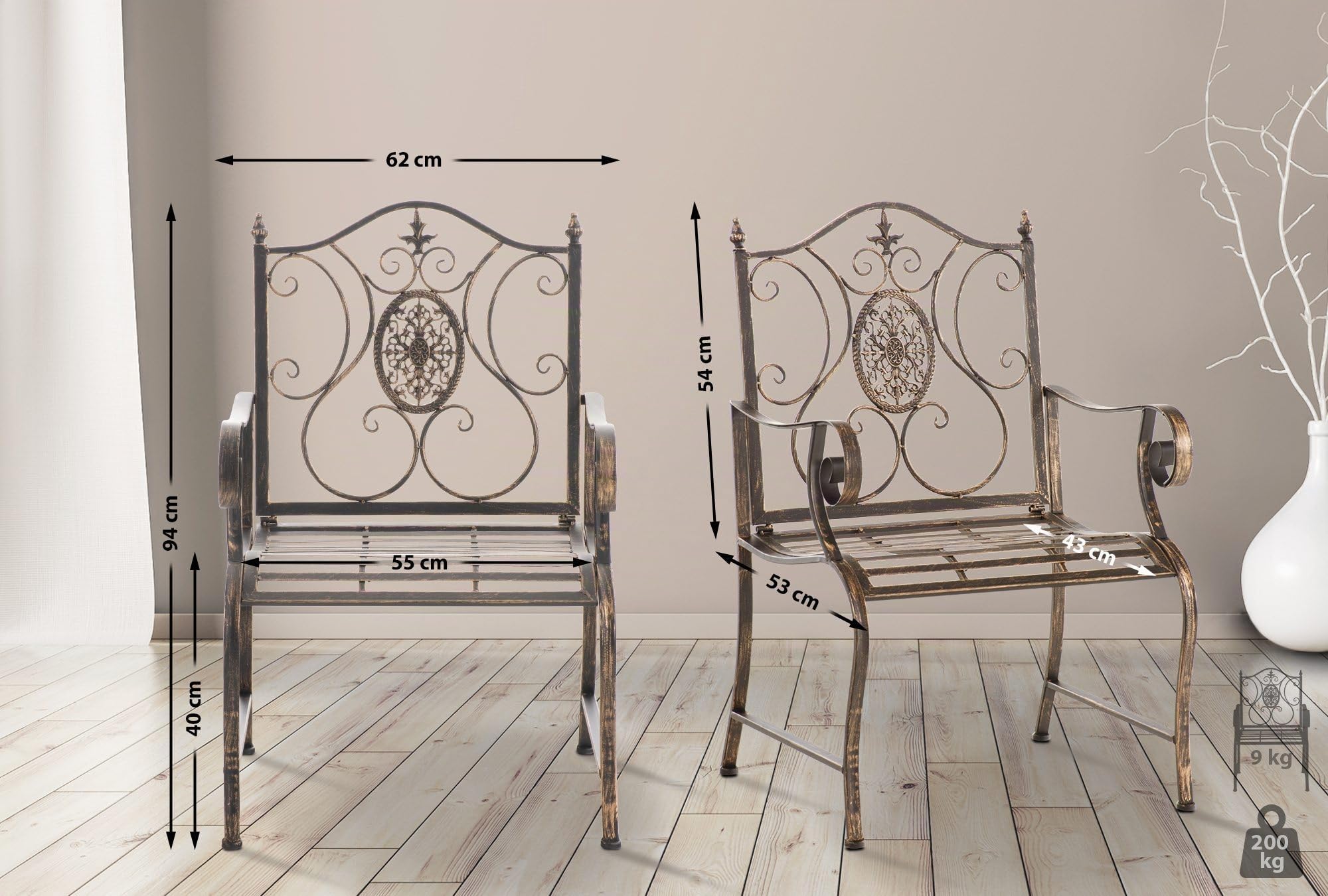CLP Lot de 2 chaises de Jardin Punjab de Style Rustique I Chaise en Fer laqué I Fauteuil de Jardin particulièrement Stable, Couleur:Bronze
