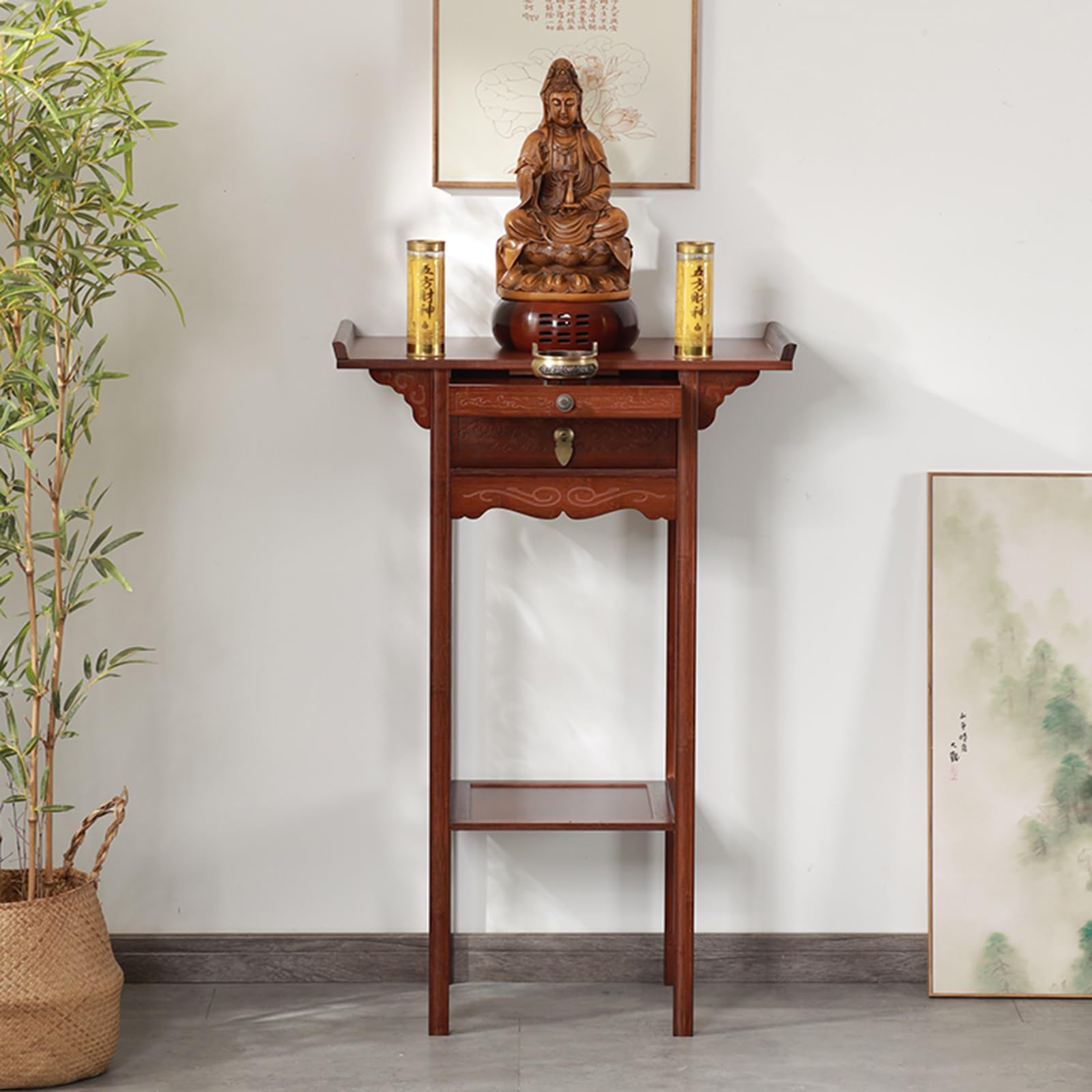 Mensola per Altare Scaffale di Legno Buddista Decorativo Scultura Buddha Tavolo Personale Santuario Altare Tavola(66x40x100cm)