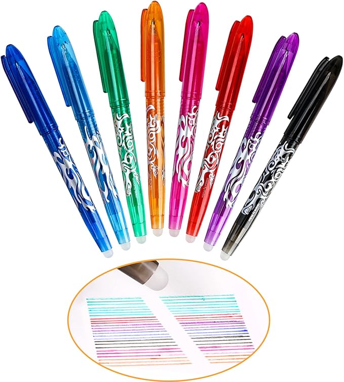 8 Colors Erasable Pens, Rollerball Rub out Pens Set 0.5mm Friction Pens