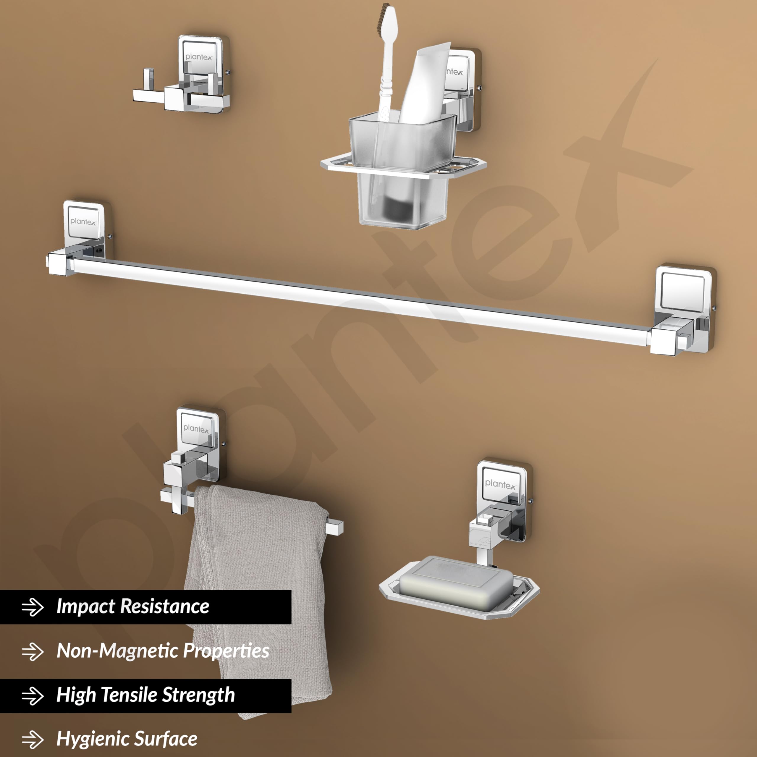 Plantex 304 Grade Stainless Steel Bathroom Accessories Set of 5 - Towel Rod/Hand Napkin Hanger for Wash Basin/Soap Case/Toothbrush Holder/Robe Hook - Darcy (Chrome)
