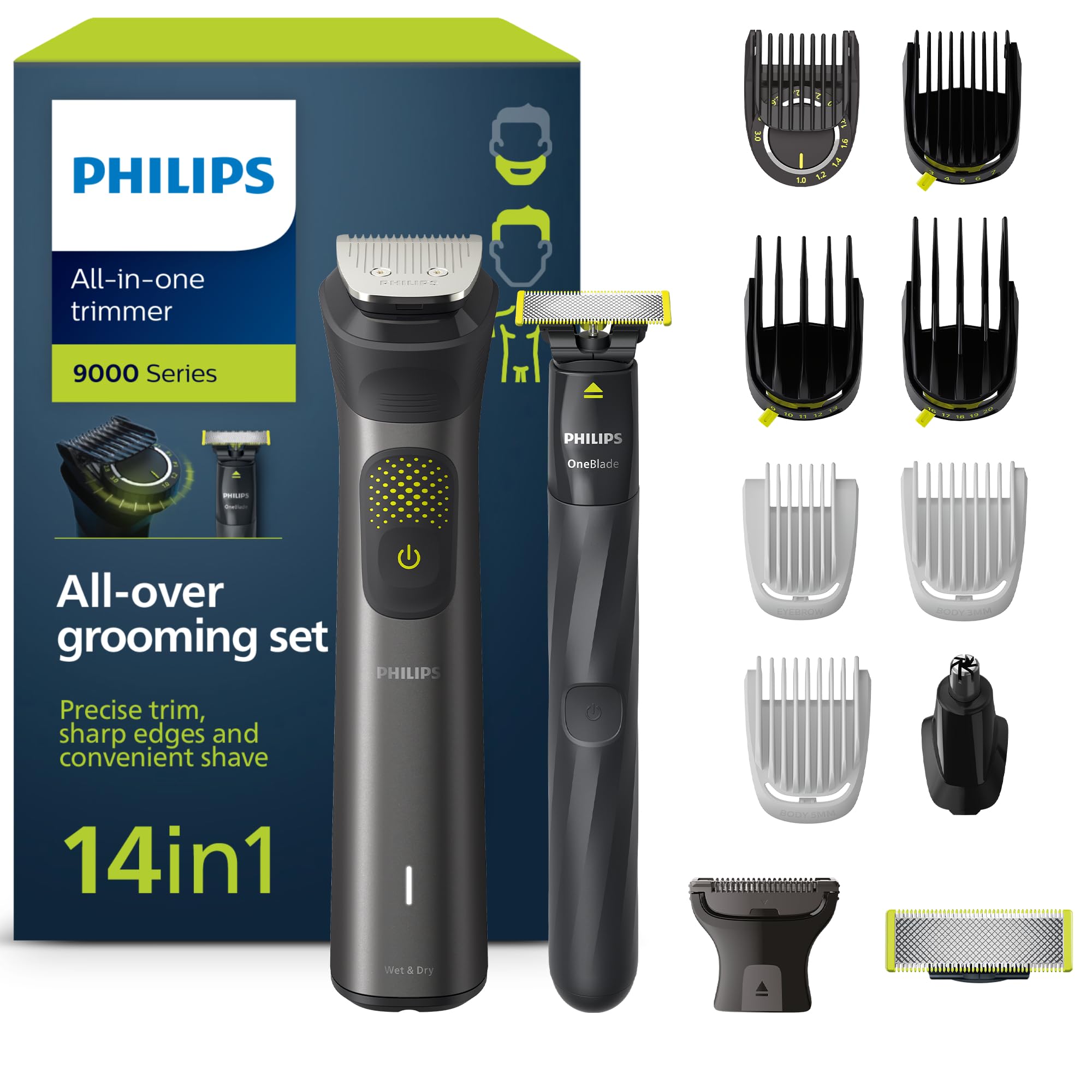 Philips Recortadora de Barba Serie 9000, Máquina Cortar Pelo, Cortapelos Hombre, Kit 14 en 1 Para Cara, Pelo, Orejas, Nariz y Cuerpo,120min de uso, En Seco y Húmedo, Recargable, OneBlade, MG9550/15