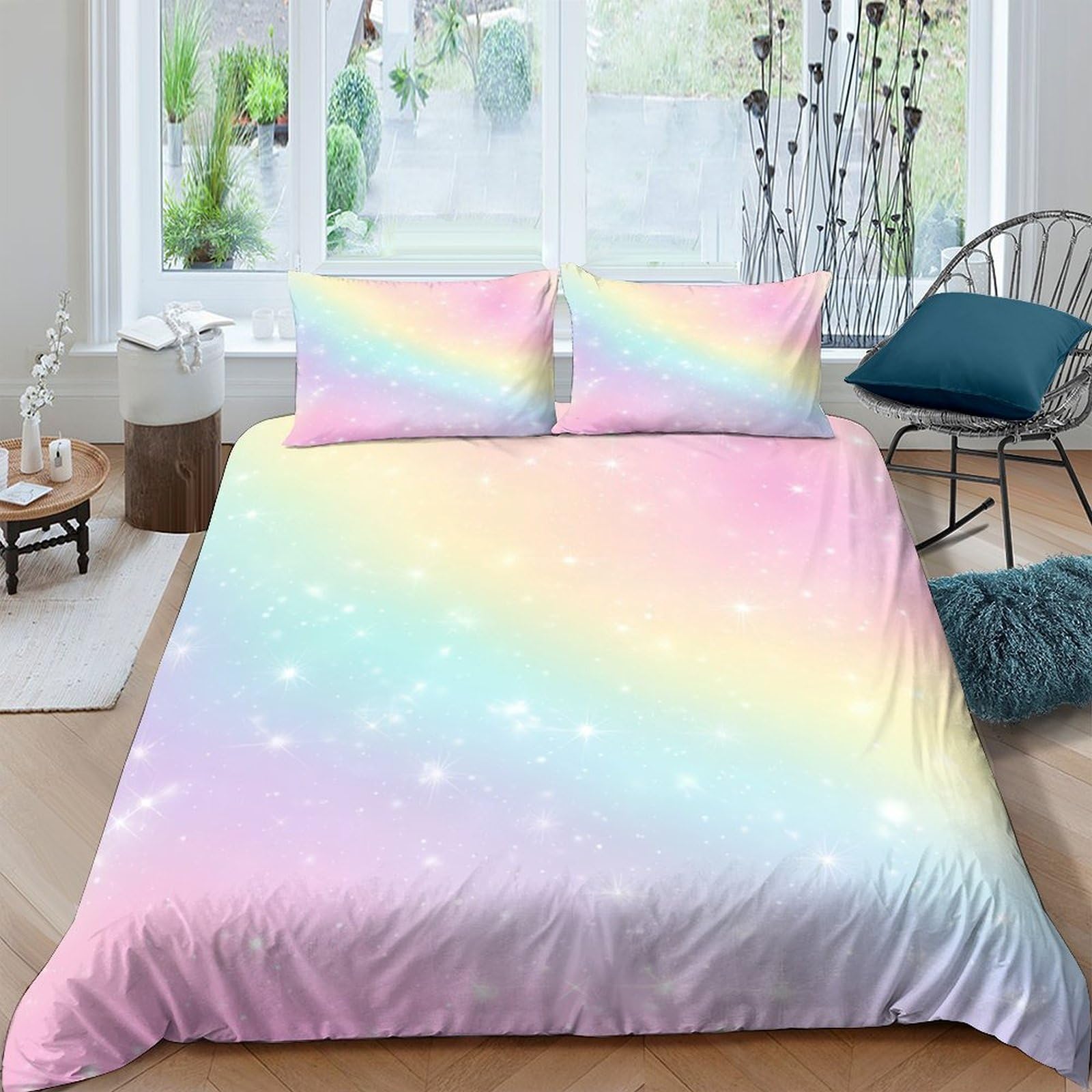 Ctjqhvkz Style-1 3D Printed Pastel Rainbow Fitted Sheet Microfiber Soft Breathable Star Pattern Bed Cover For Bedroom Dorm Decor Single（135X200cm）