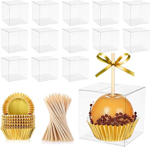 Sliner 100 cajas transparentes de manzana con agujero superior y palitos de 4 x 4 x 4 pulgadas, pequeñas cajas transparentes de plástico para dulces