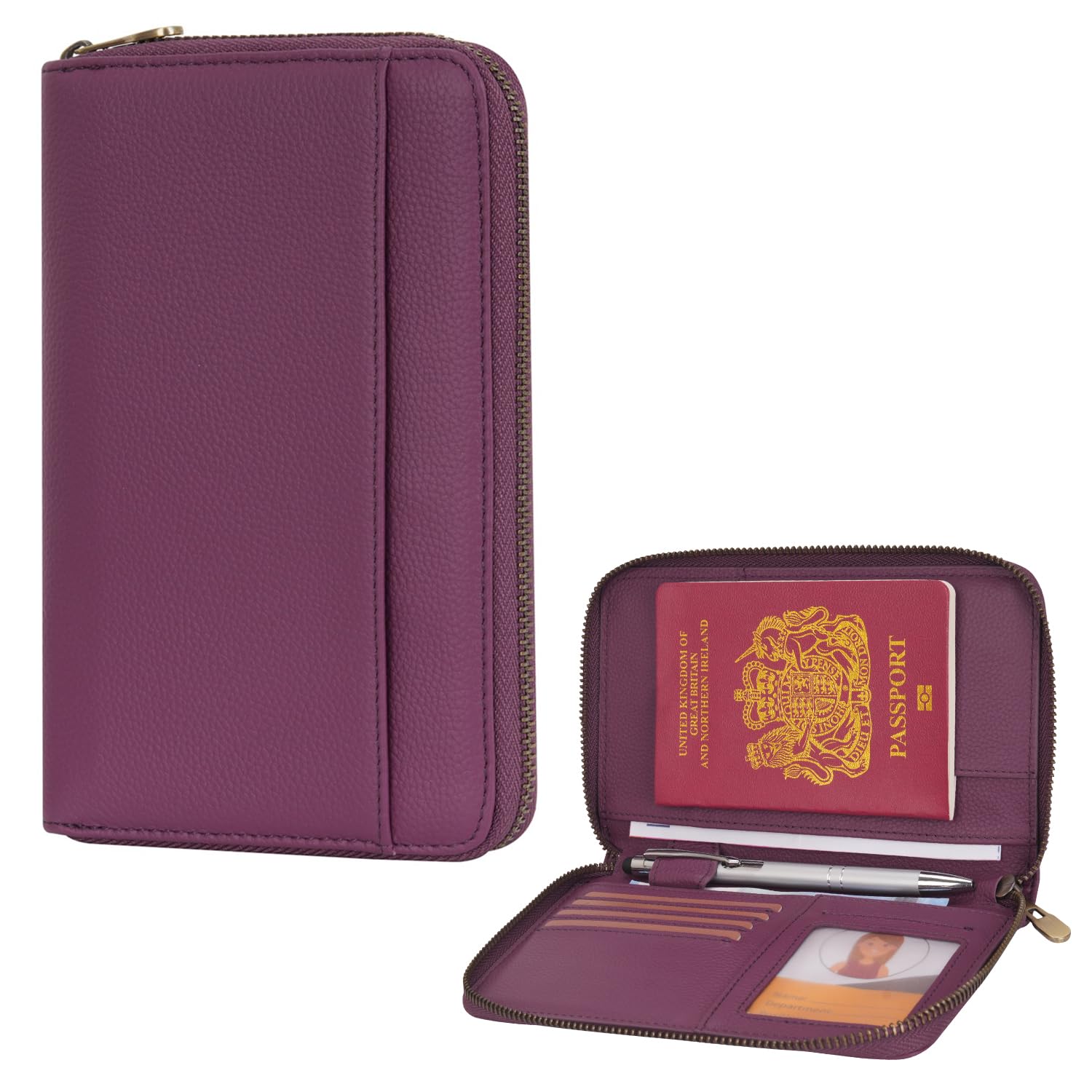 WASON Cartera de Pasaporte de Viaje de Cuero con Cremallera Protección RFID, Funda para Pasaporte con Compartimentos para Tarjetas, Efectivo, DNI, Tarjeta de Embarque y Billetes (Morado)